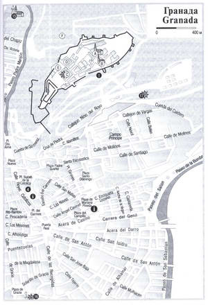 Granada (Spain) tourist map with a list of attractions