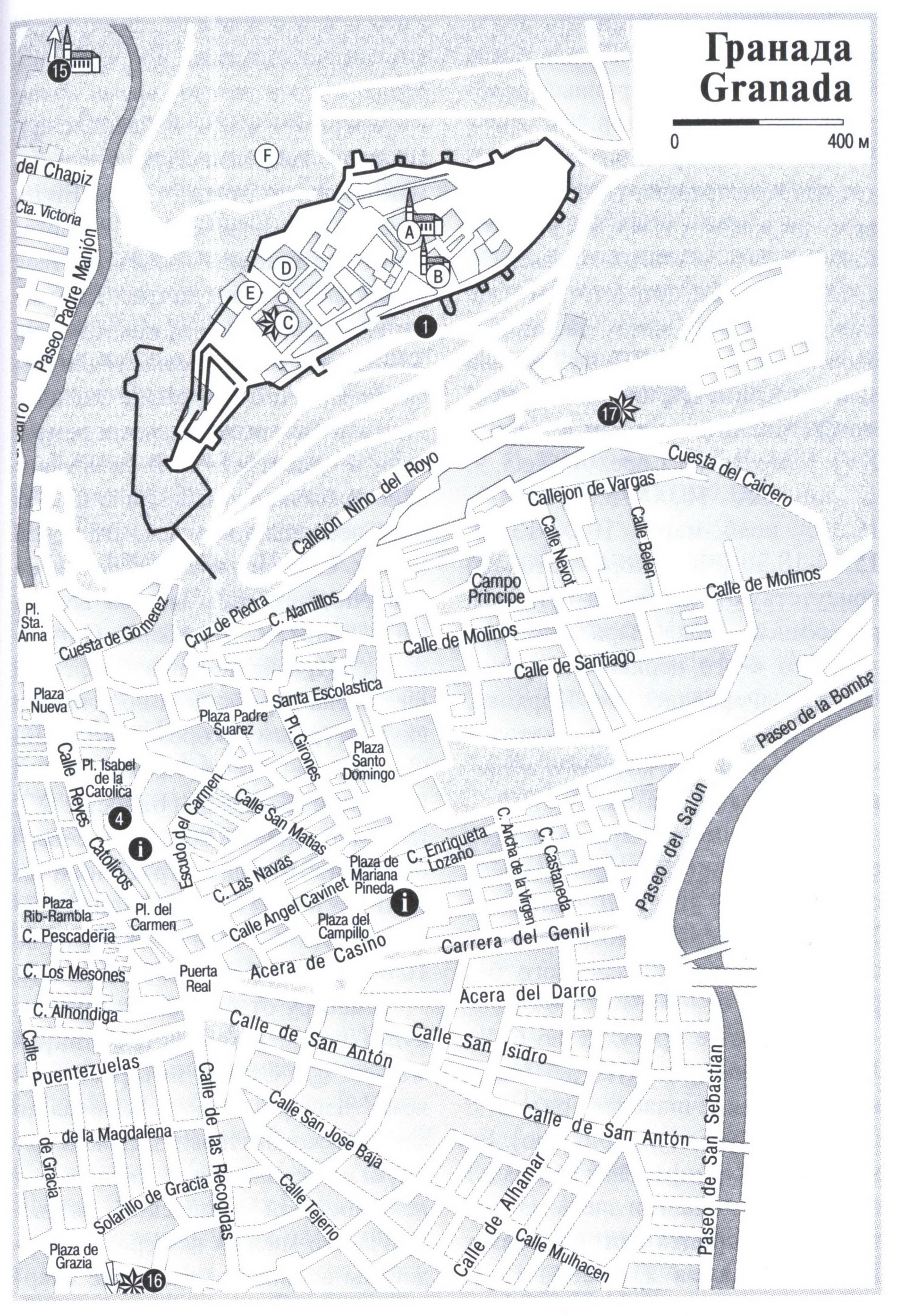 Granada tourist map with a list of attractions