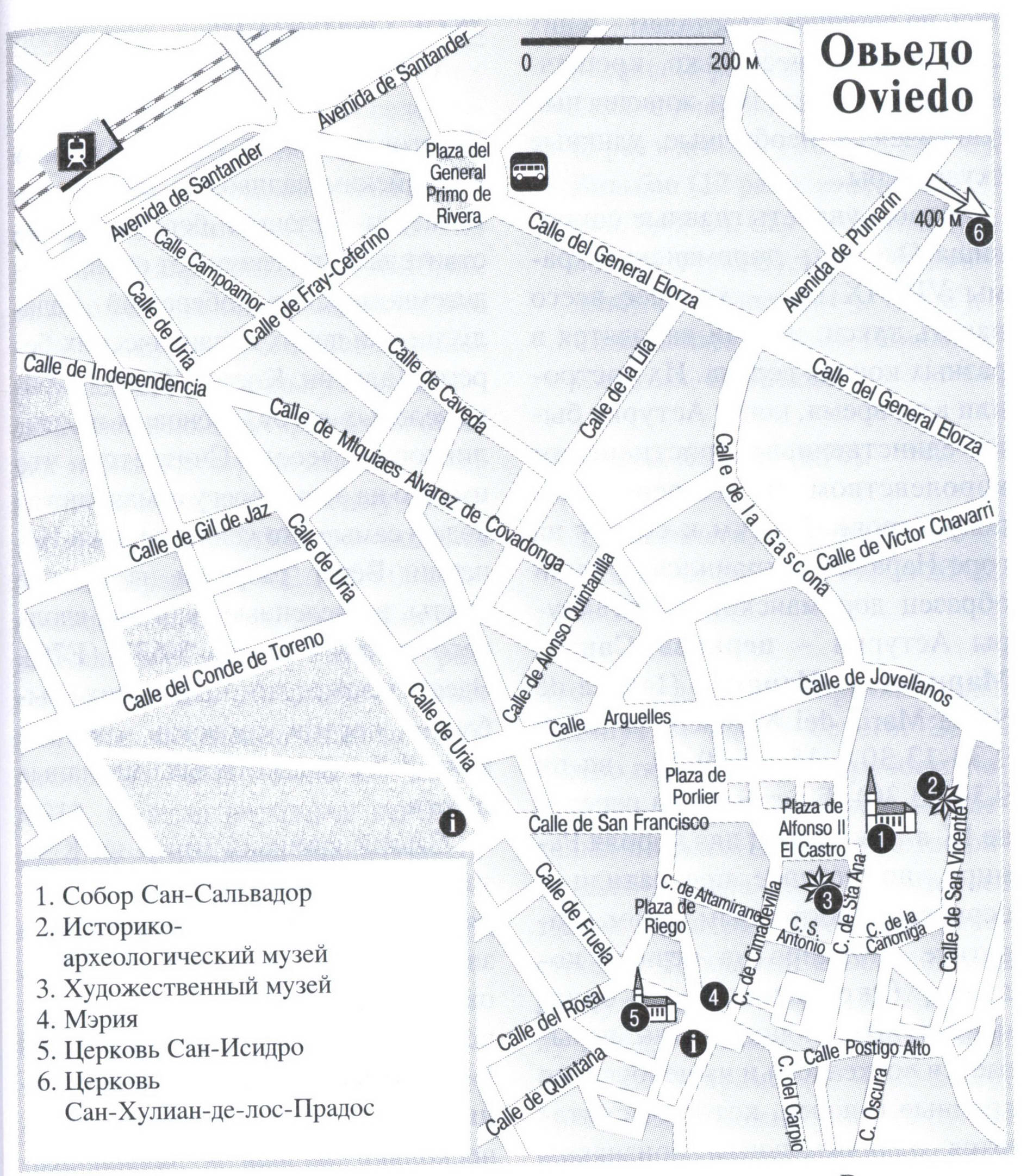 Oviedo (Spain) tourist map with a list of attractions