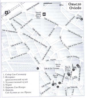 Oviedo (Spain) tourist map with a list of attractions