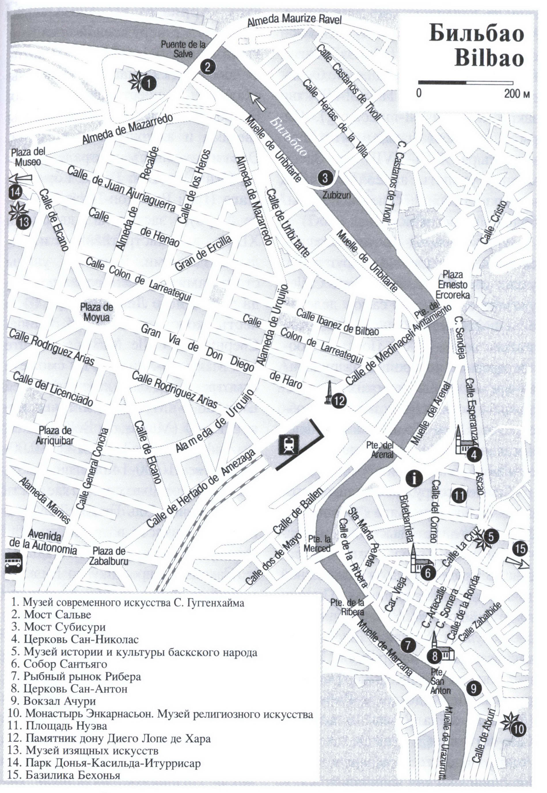 Bilbao (Spain) tourist map with a list of attractions