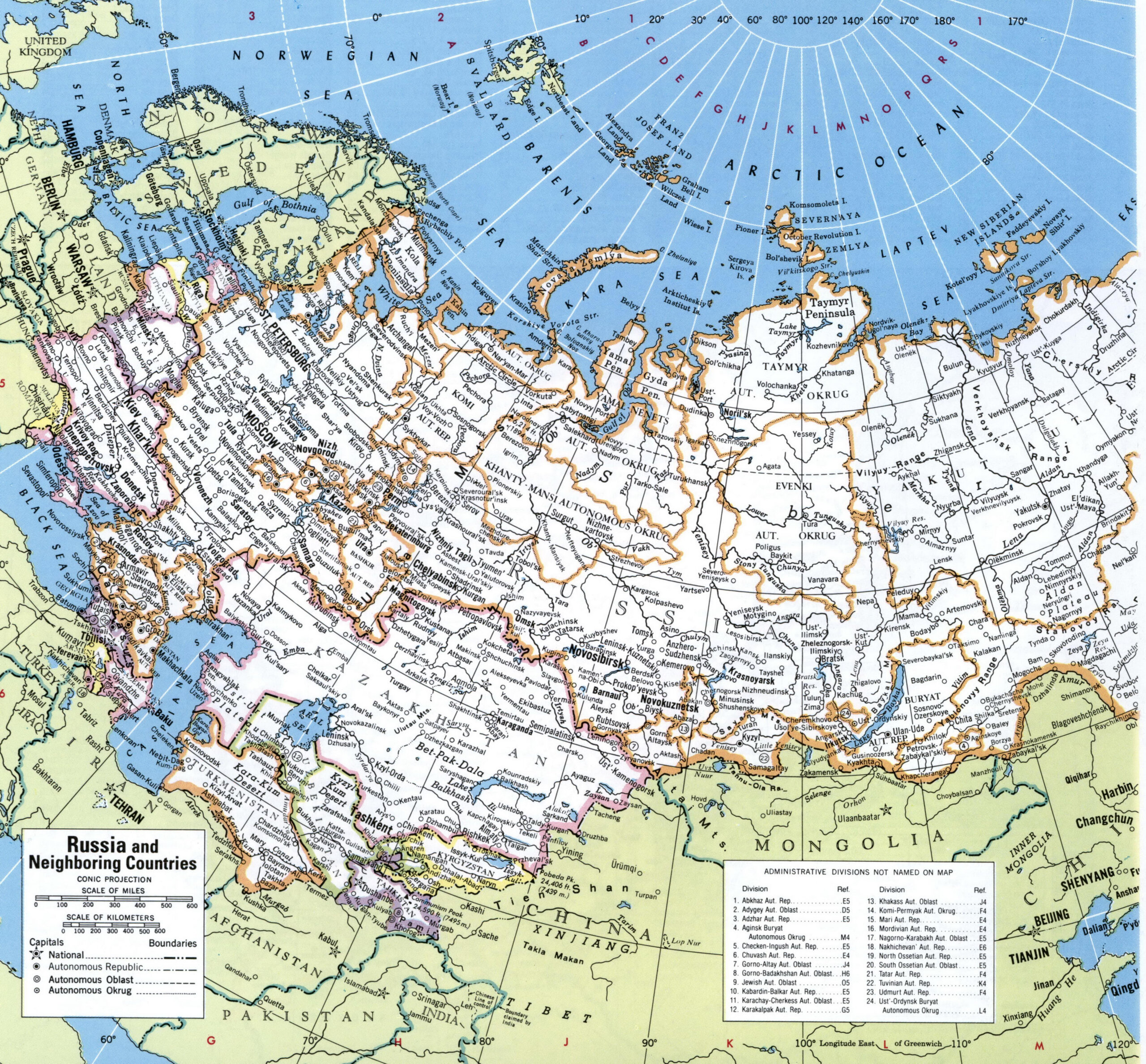 Map of Russia and the independent states after the collapse of the USSR