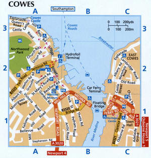 Tourist map of the city of Cowes with attractions and landmarks
