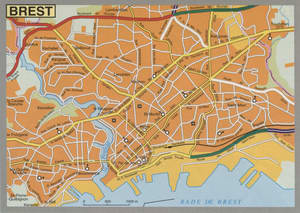 Map of Brest with cathedrals and churches