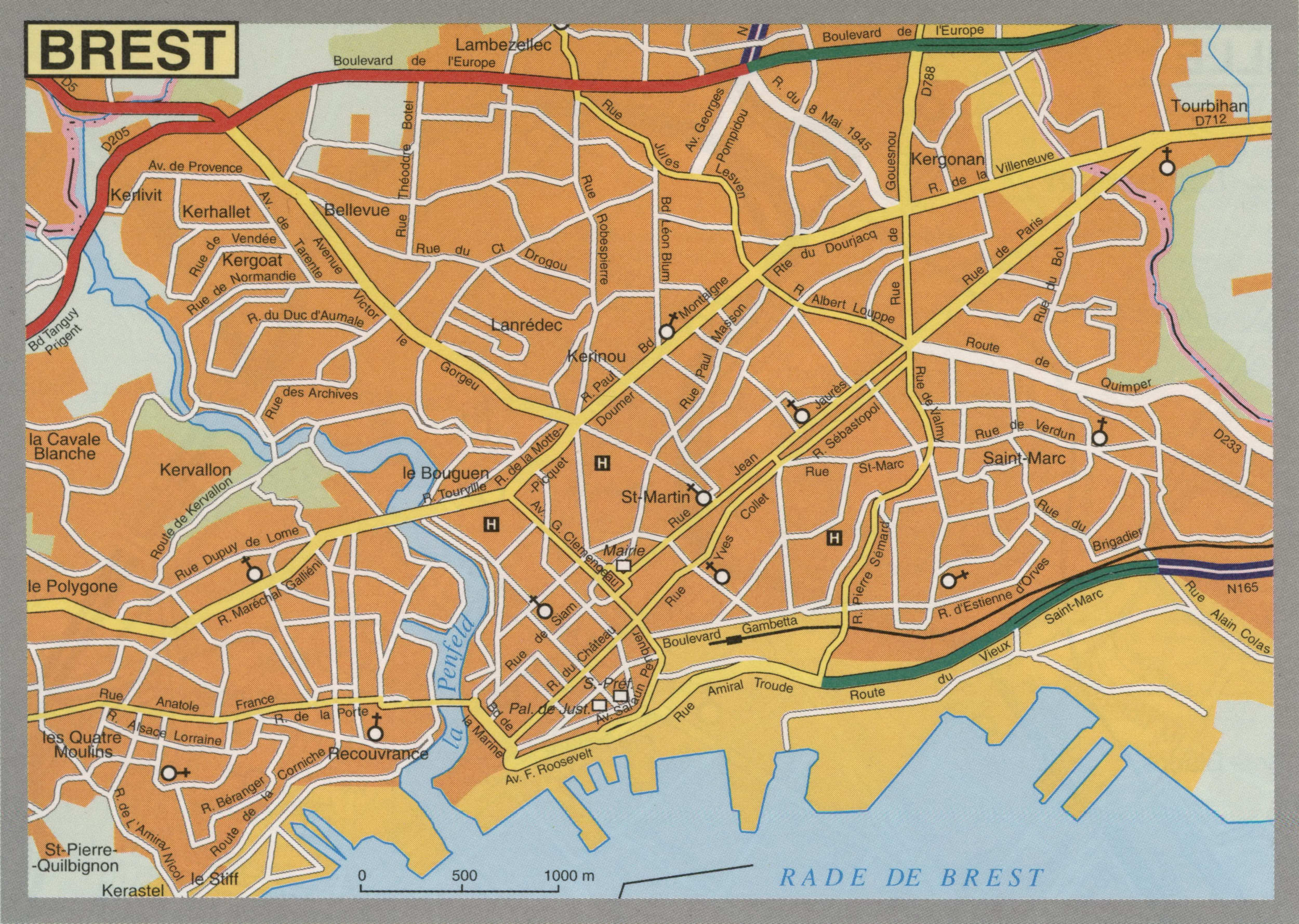 Map of Brest with cathedrals and churches