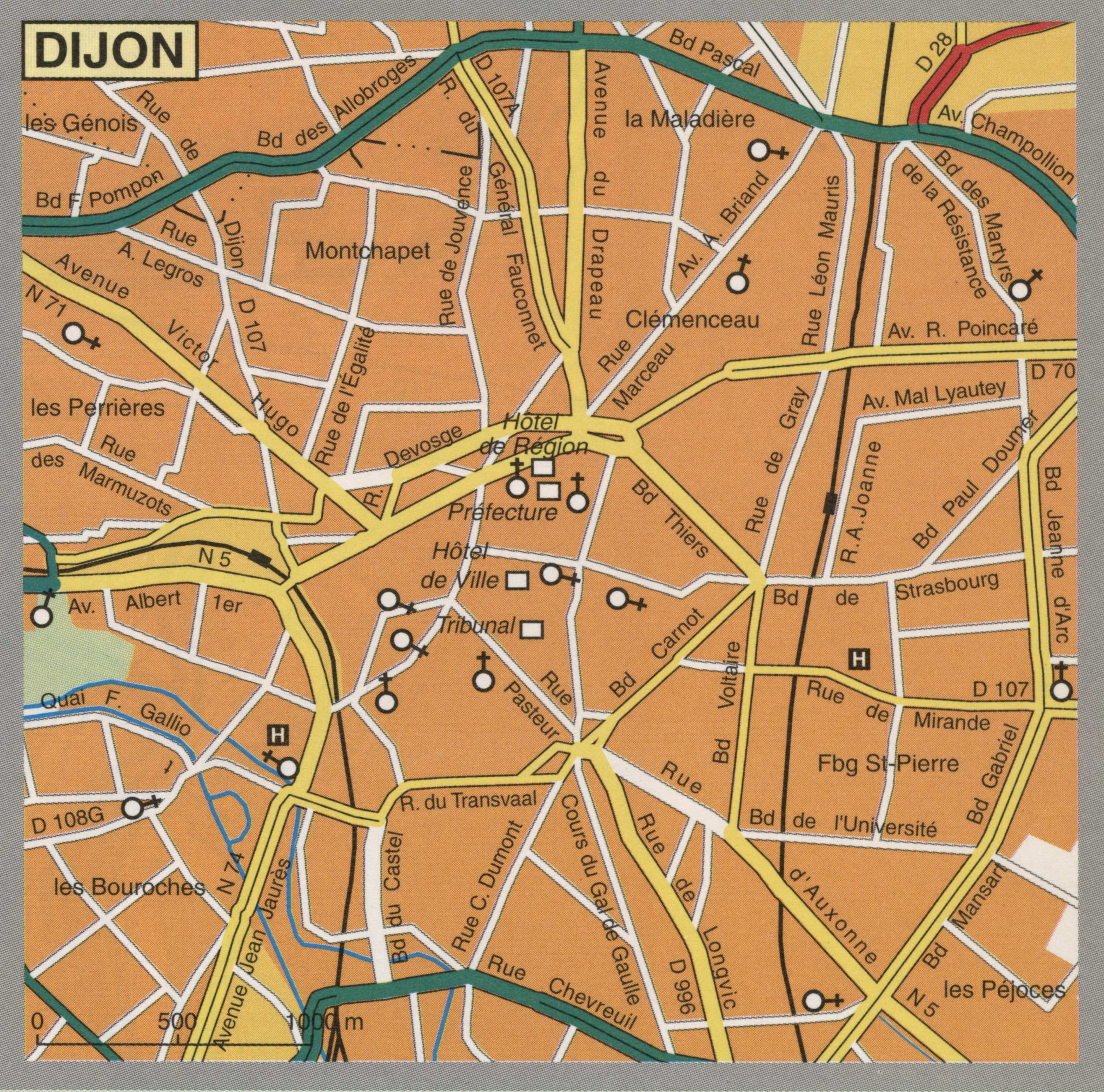 Map of Dijon with cathedrals and churches