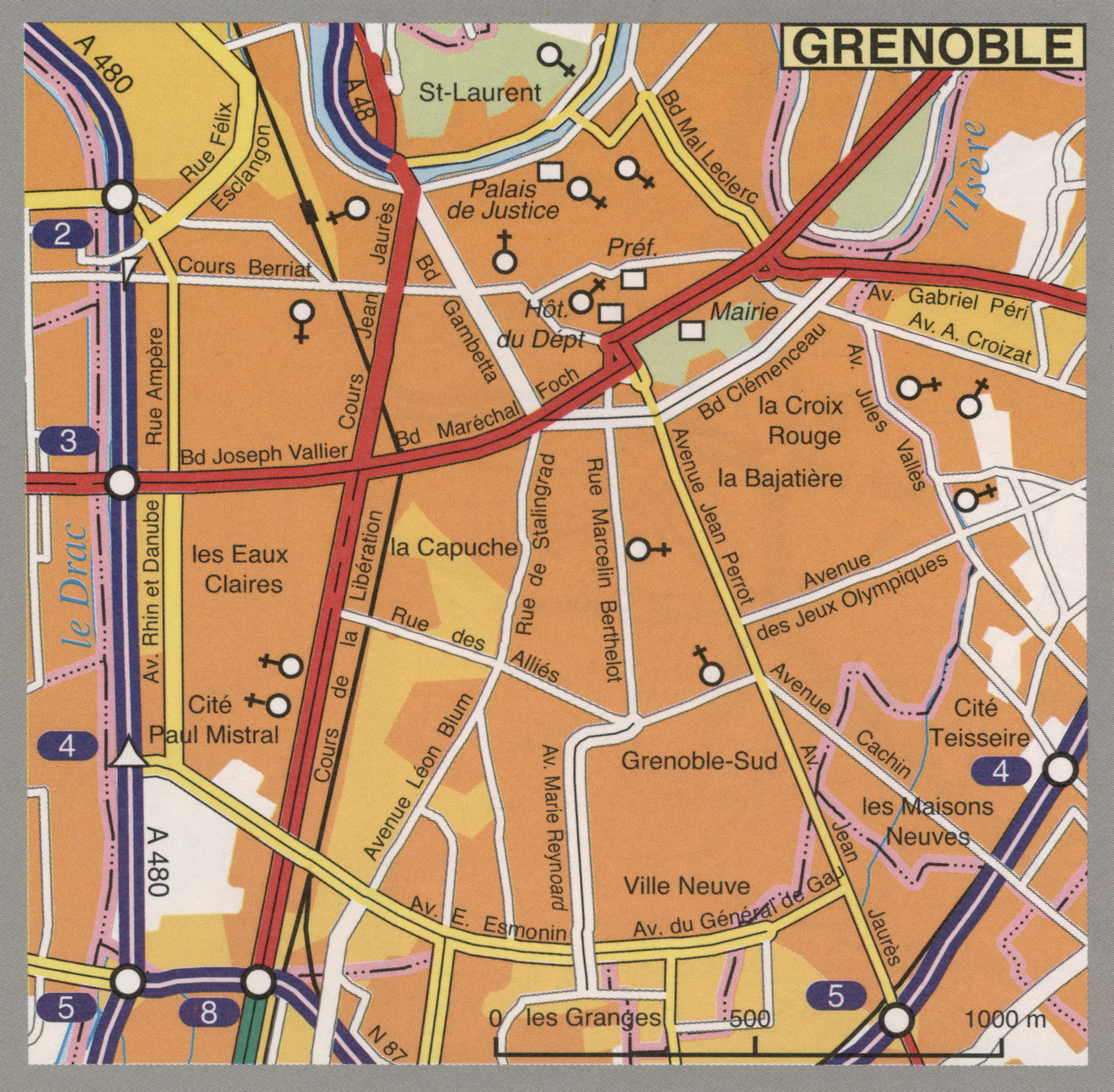 Map of Grenoble with cathedrals and churches