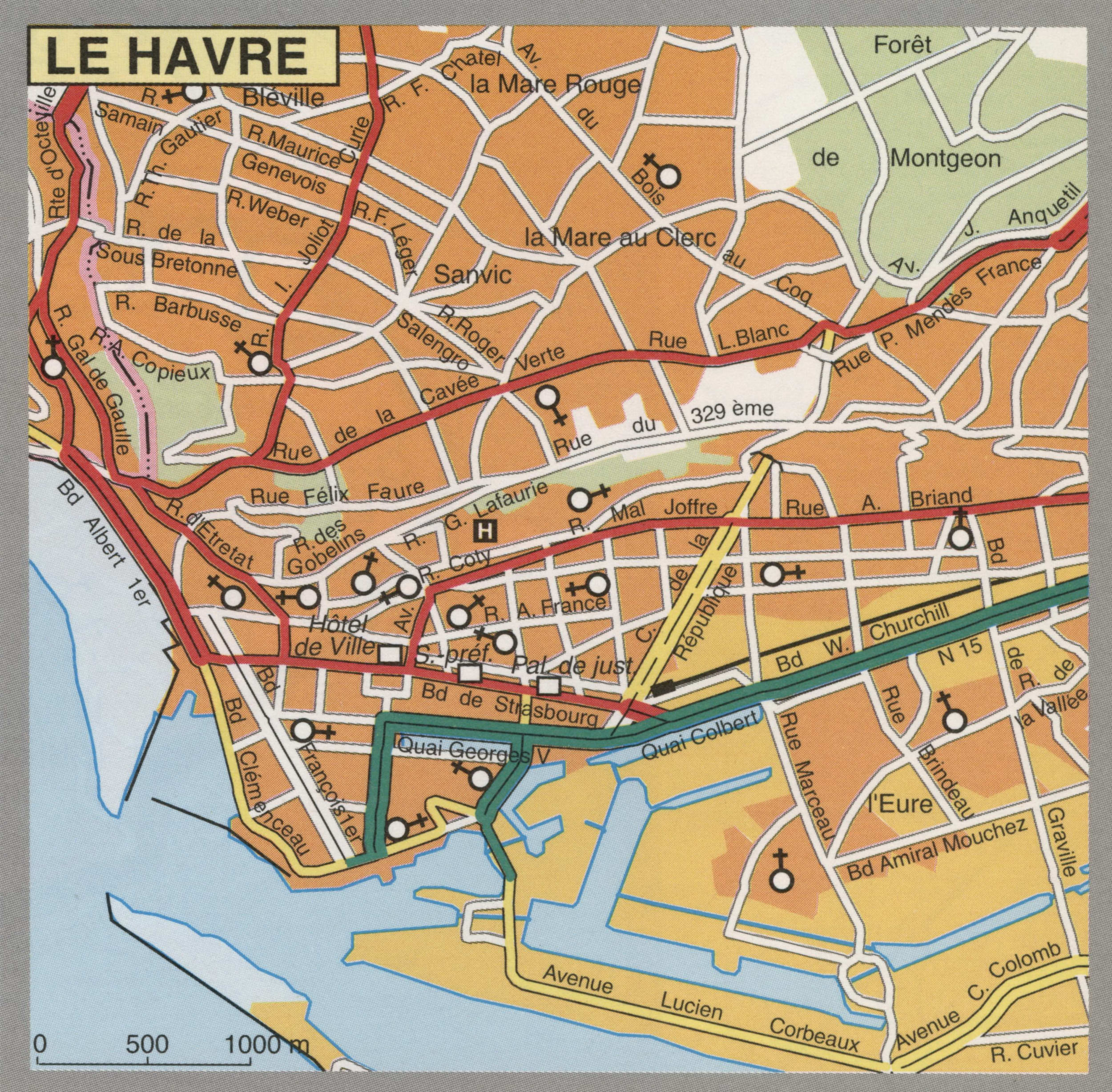Map of Le Havre with cathedrals and churches