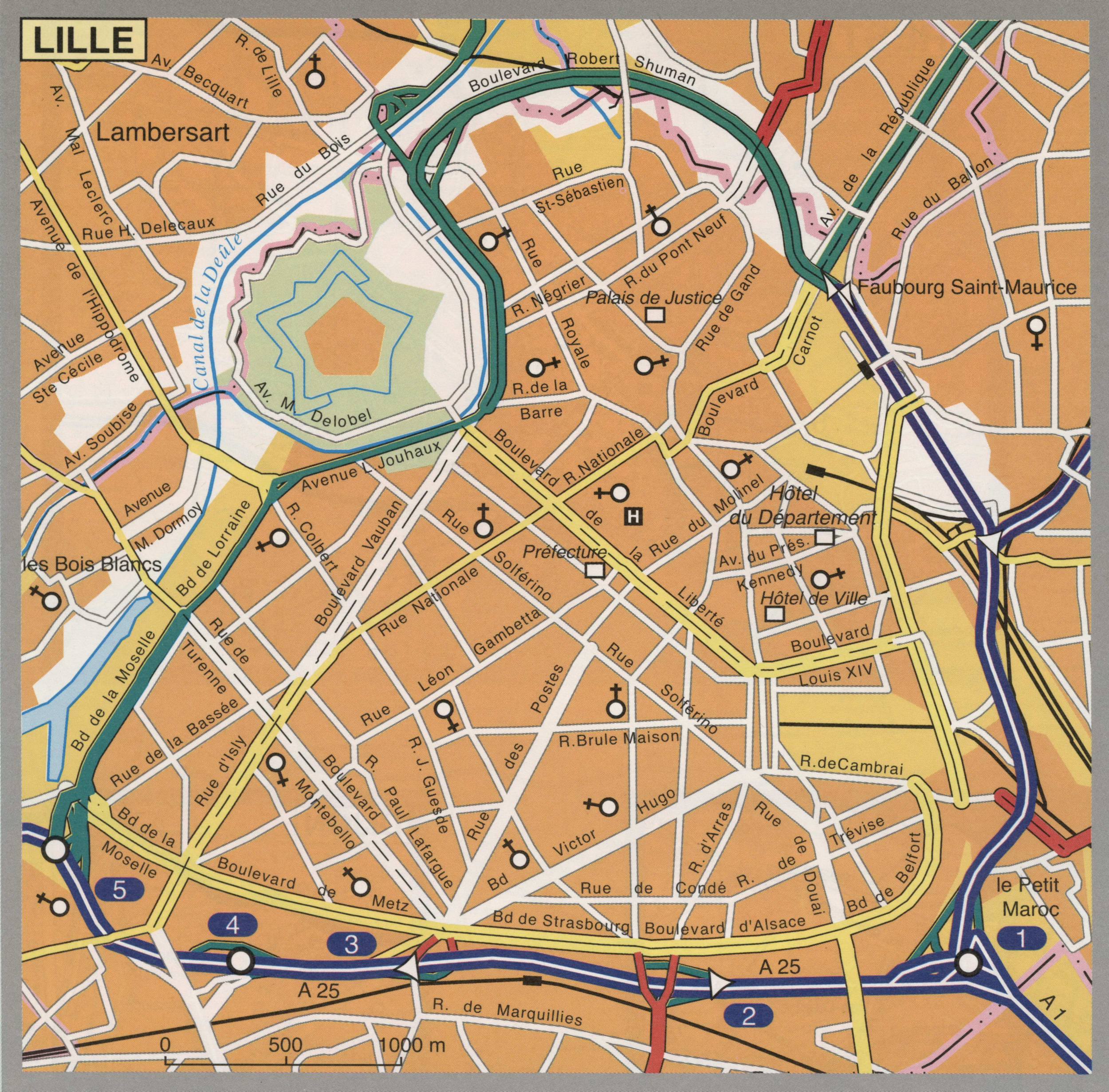 Map of Lille with cathedrals and churches