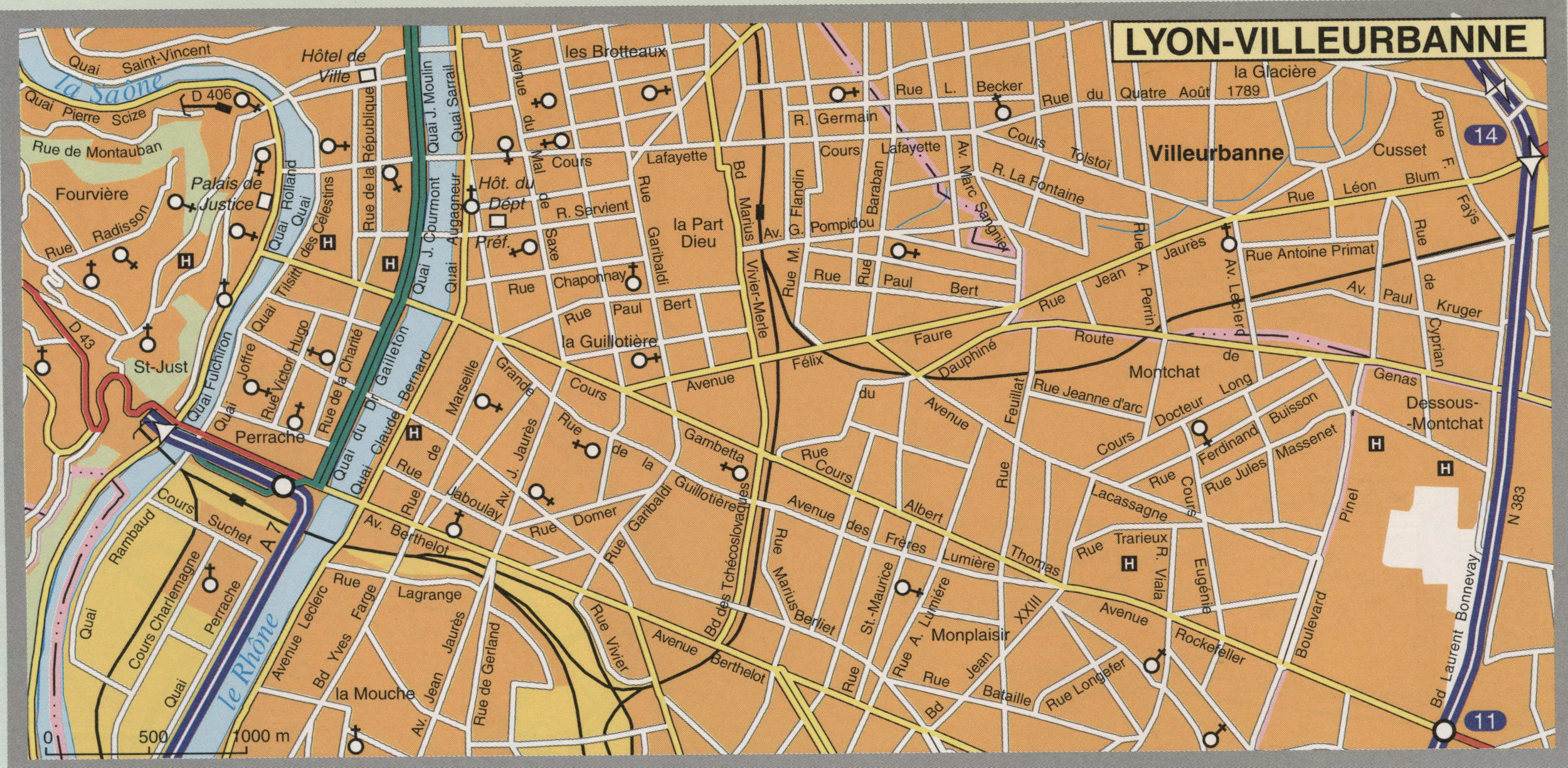 Map of Lyon with cathedrals and churches