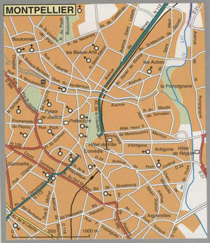 Map of Montpellier with cathedrals and churches