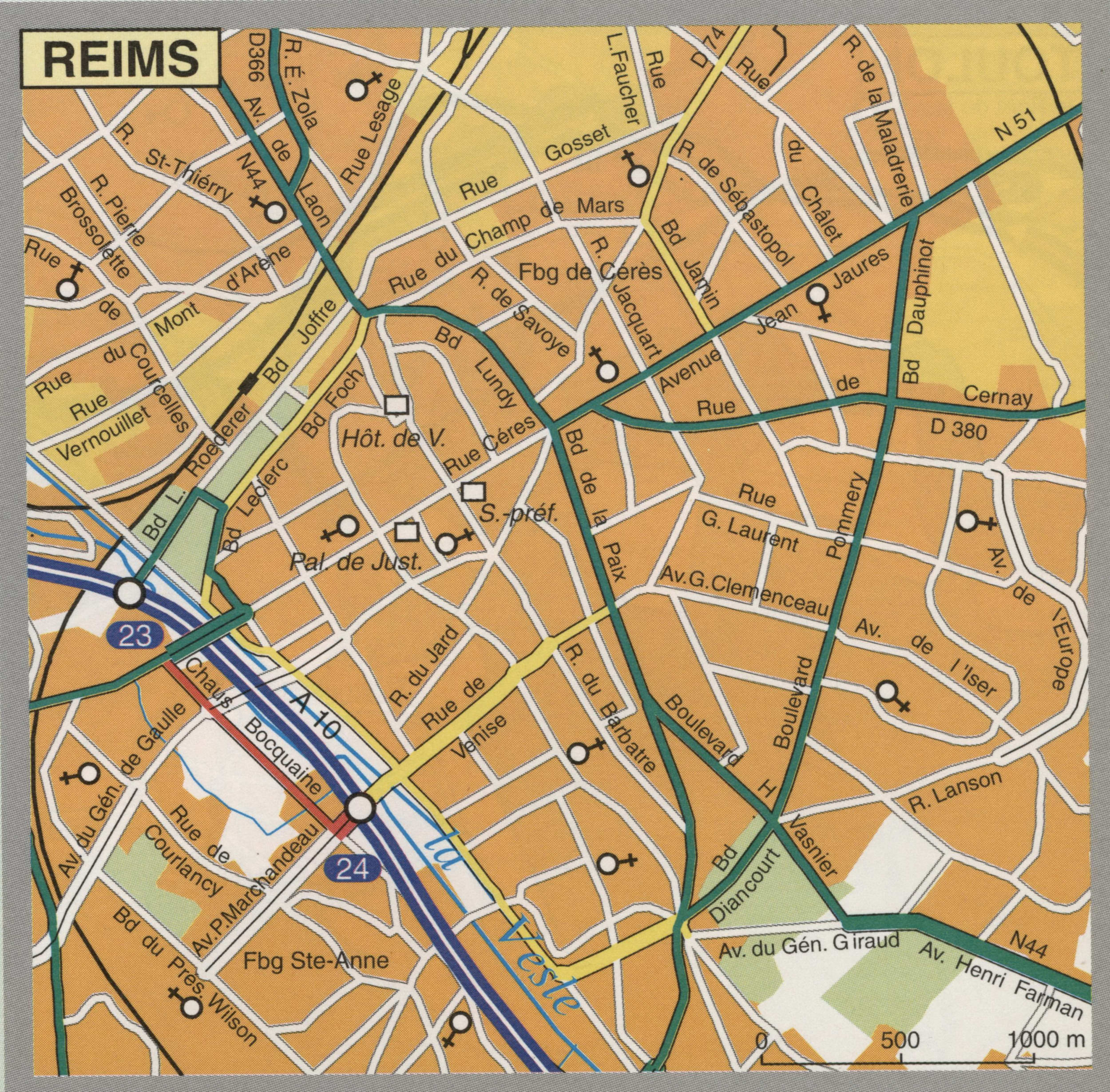 Map of Reims with cathedrals and churches