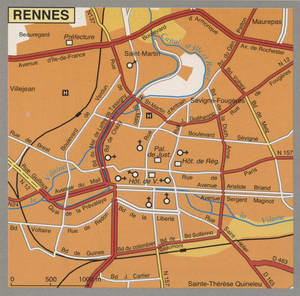Map of Rennes with cathedrals and churches