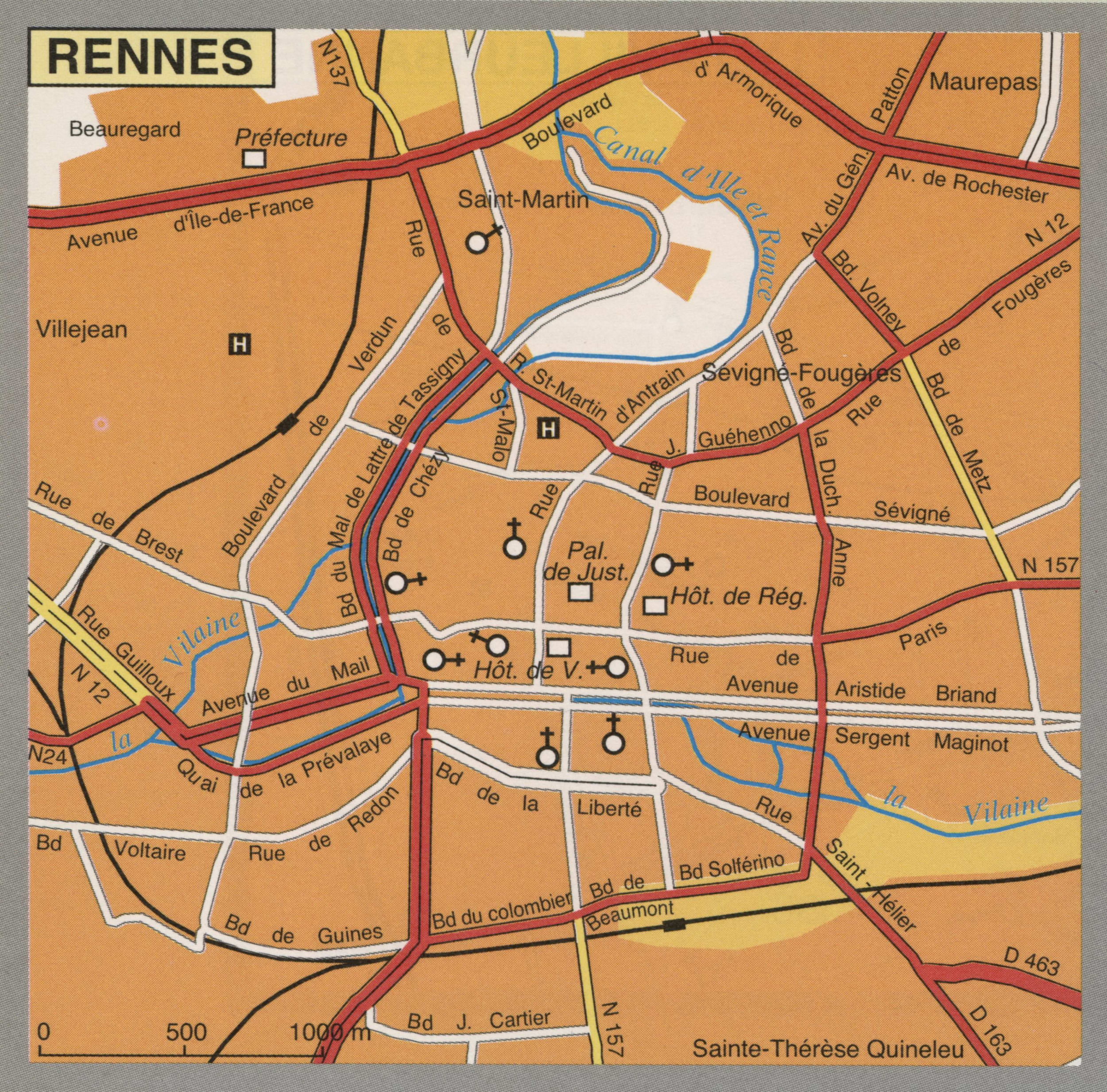 Map of Rennes with cathedrals and churches