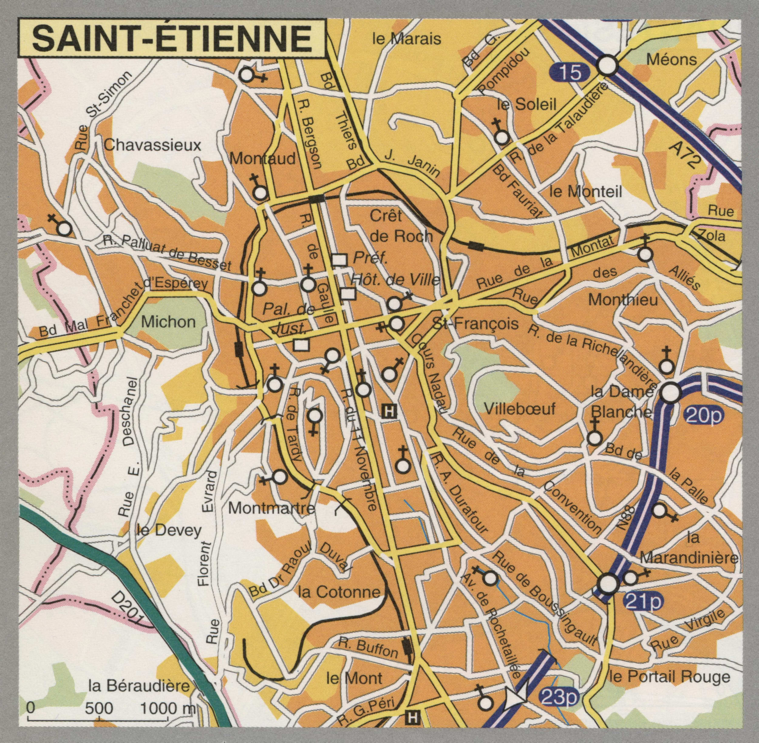 Map of Saint-Etienne with cathedrals and churches
