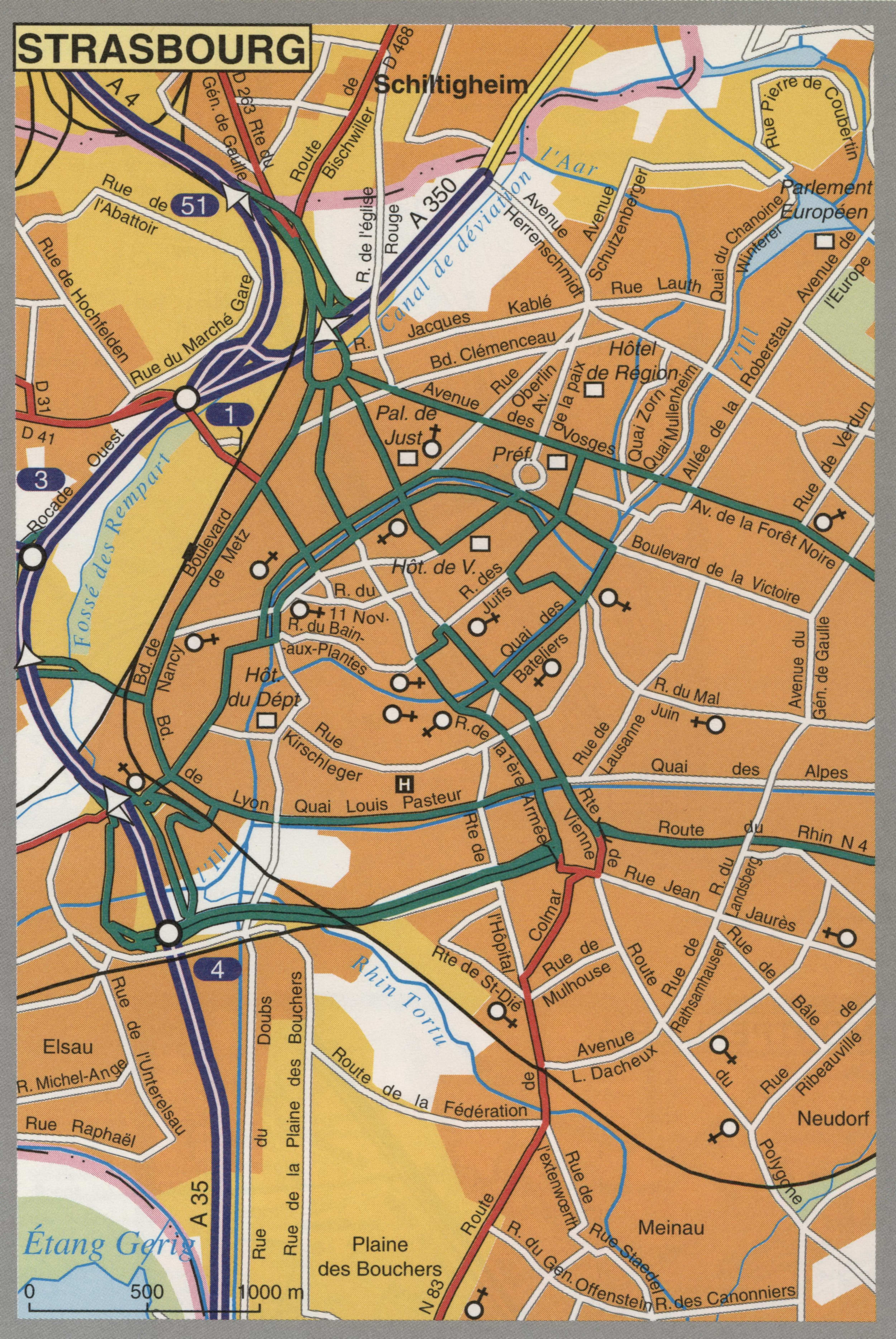 Map of Strasbourg with cathedrals and churches