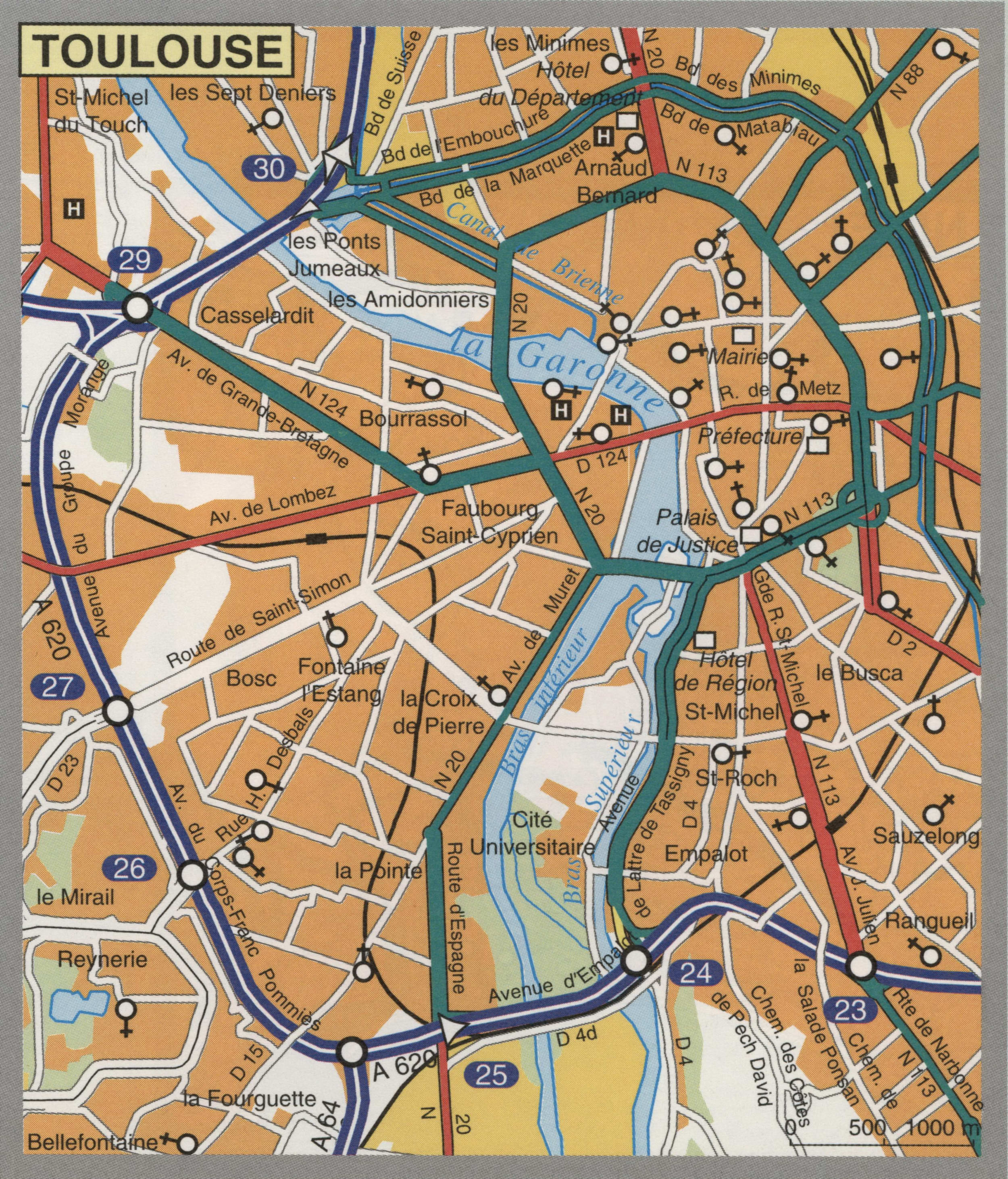 Map of Toulouse with cathedrals and churches