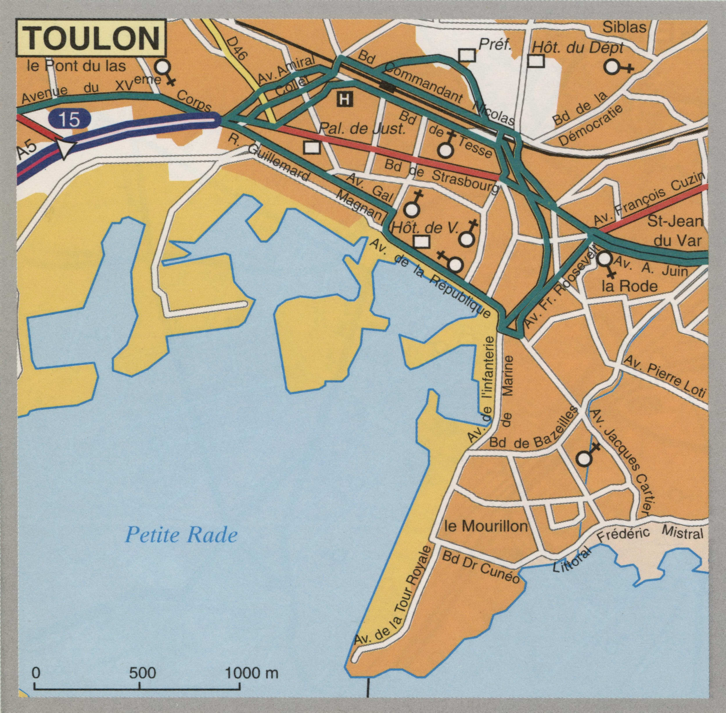Map of Toulon with cathedrals and churches