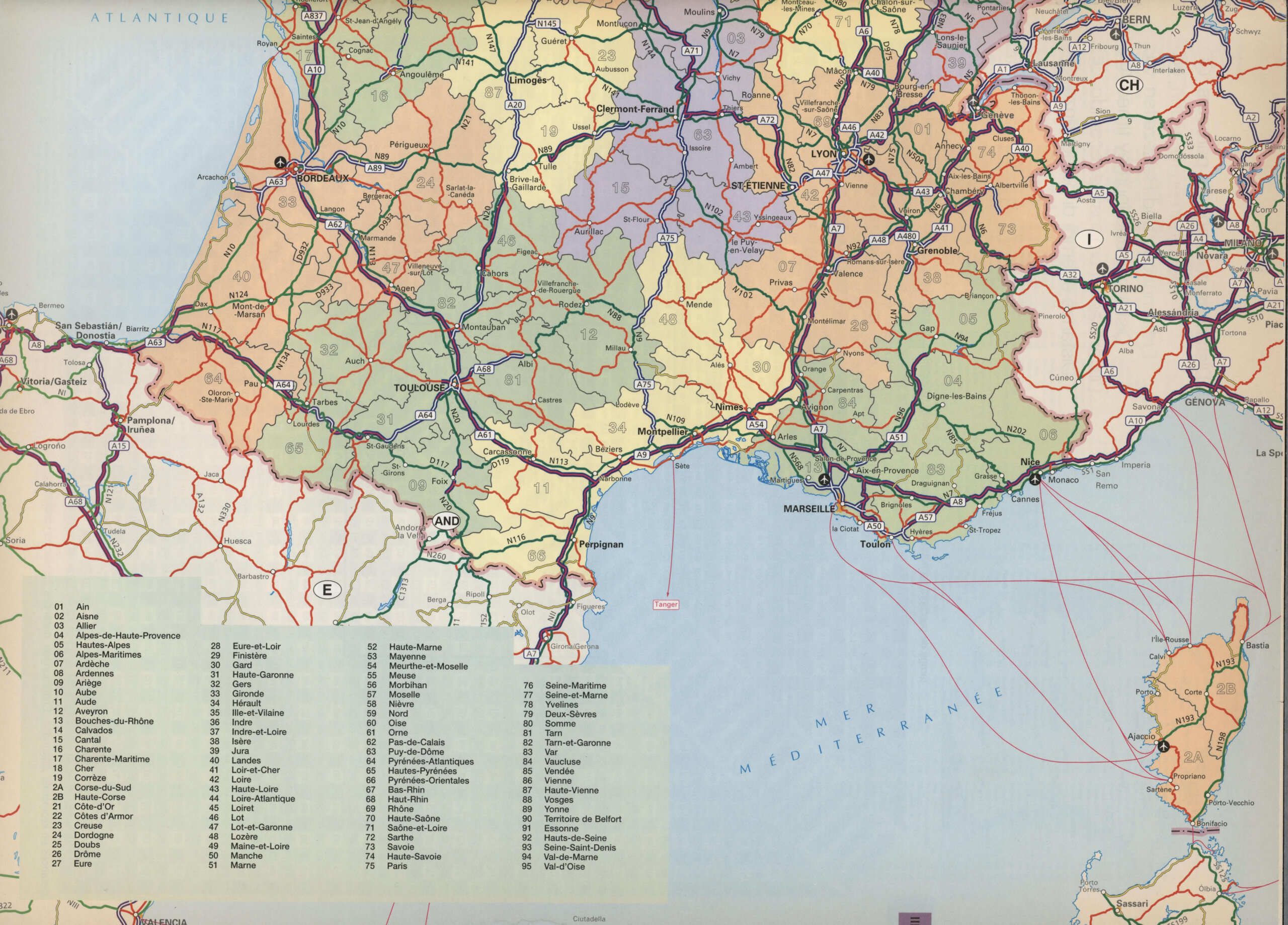 Administrative map of the southern half of France with cities and roads