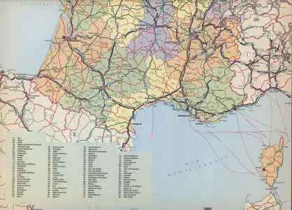 Administrative map of the southern half of France with cities and roads