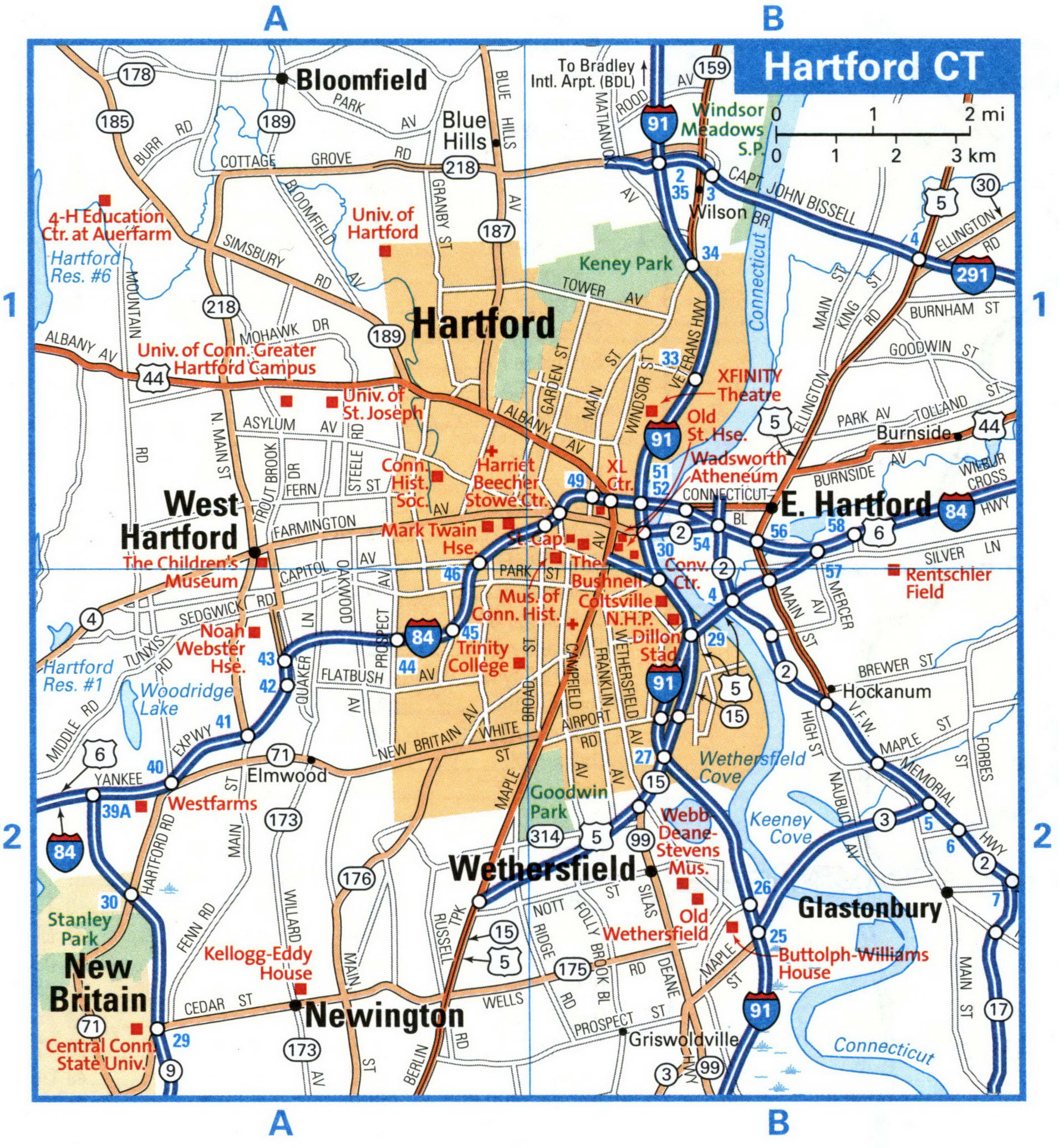 Hartford city interstate highway map road free toll I84 I91 I291 - free