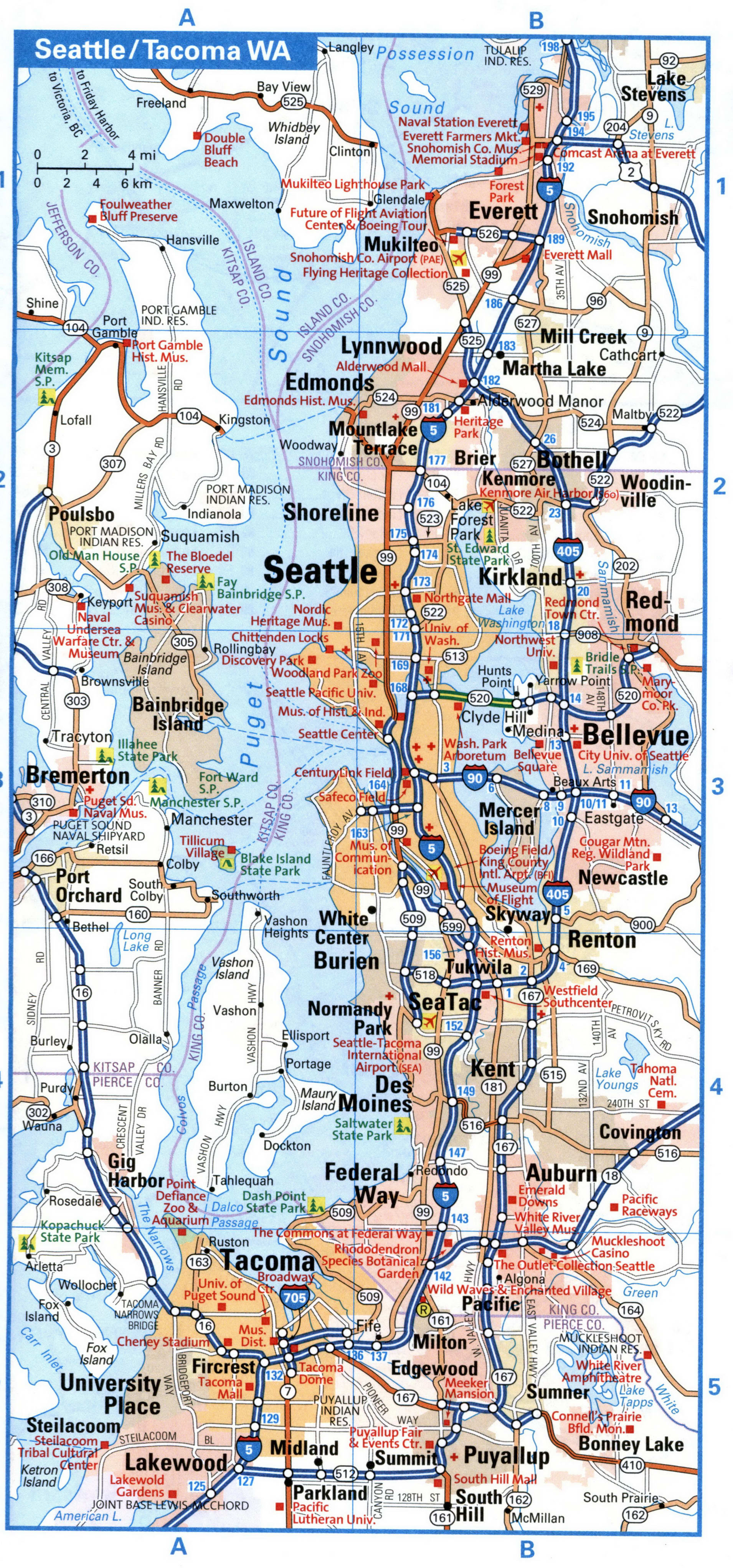 Seattle city interstate highway map road free toll I5, I90, I705, I405 ...