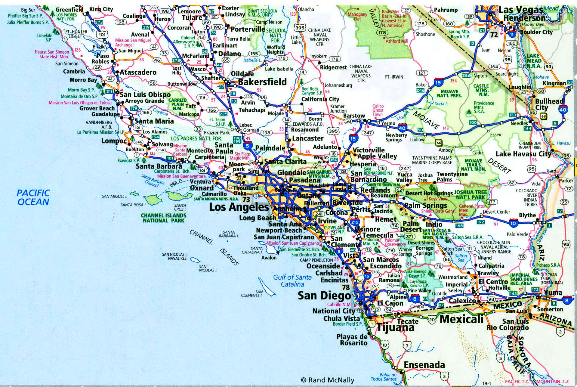 California and Nevada road map. Detailed map of local roads and interstate highways in California