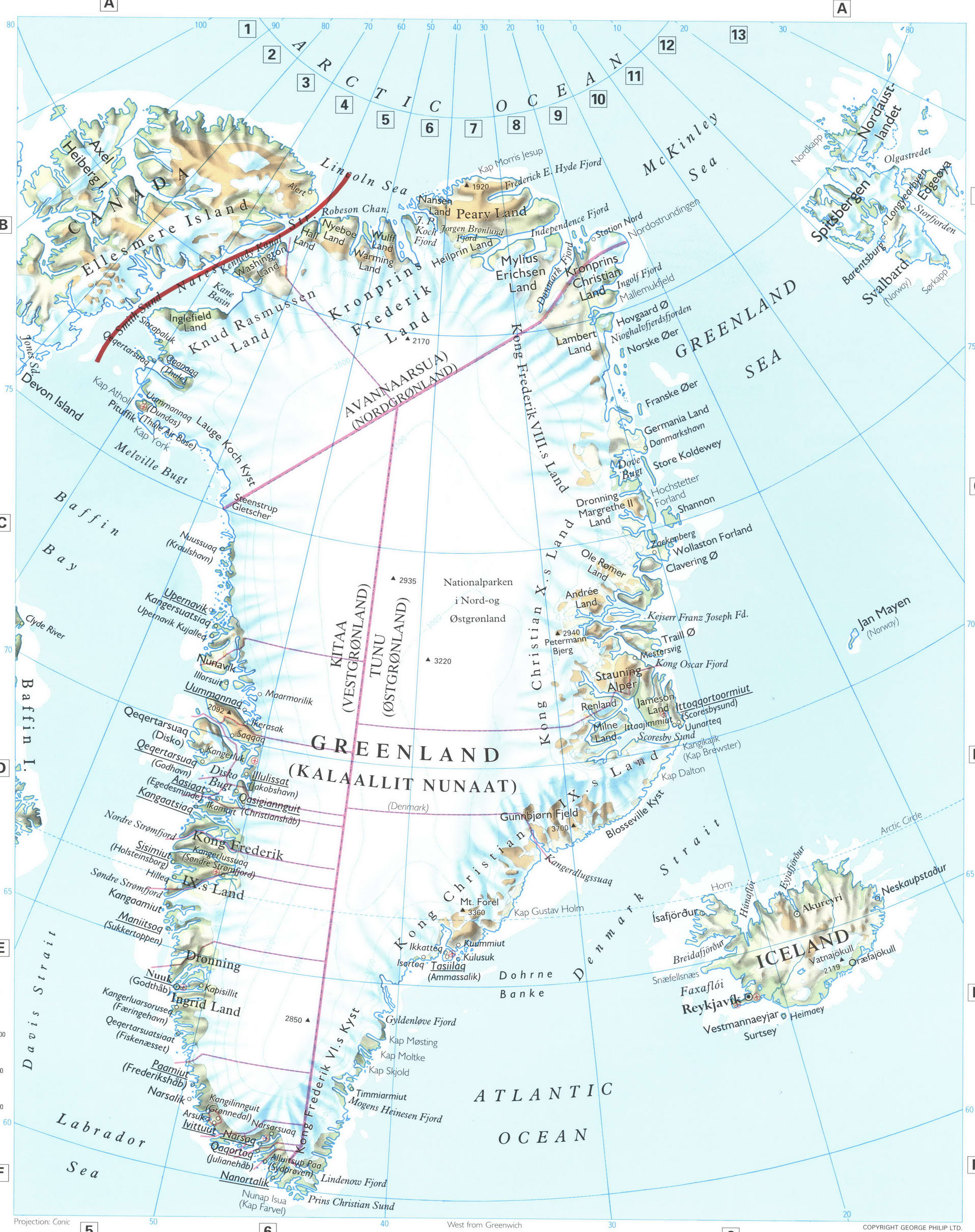 Greenland map with towns
