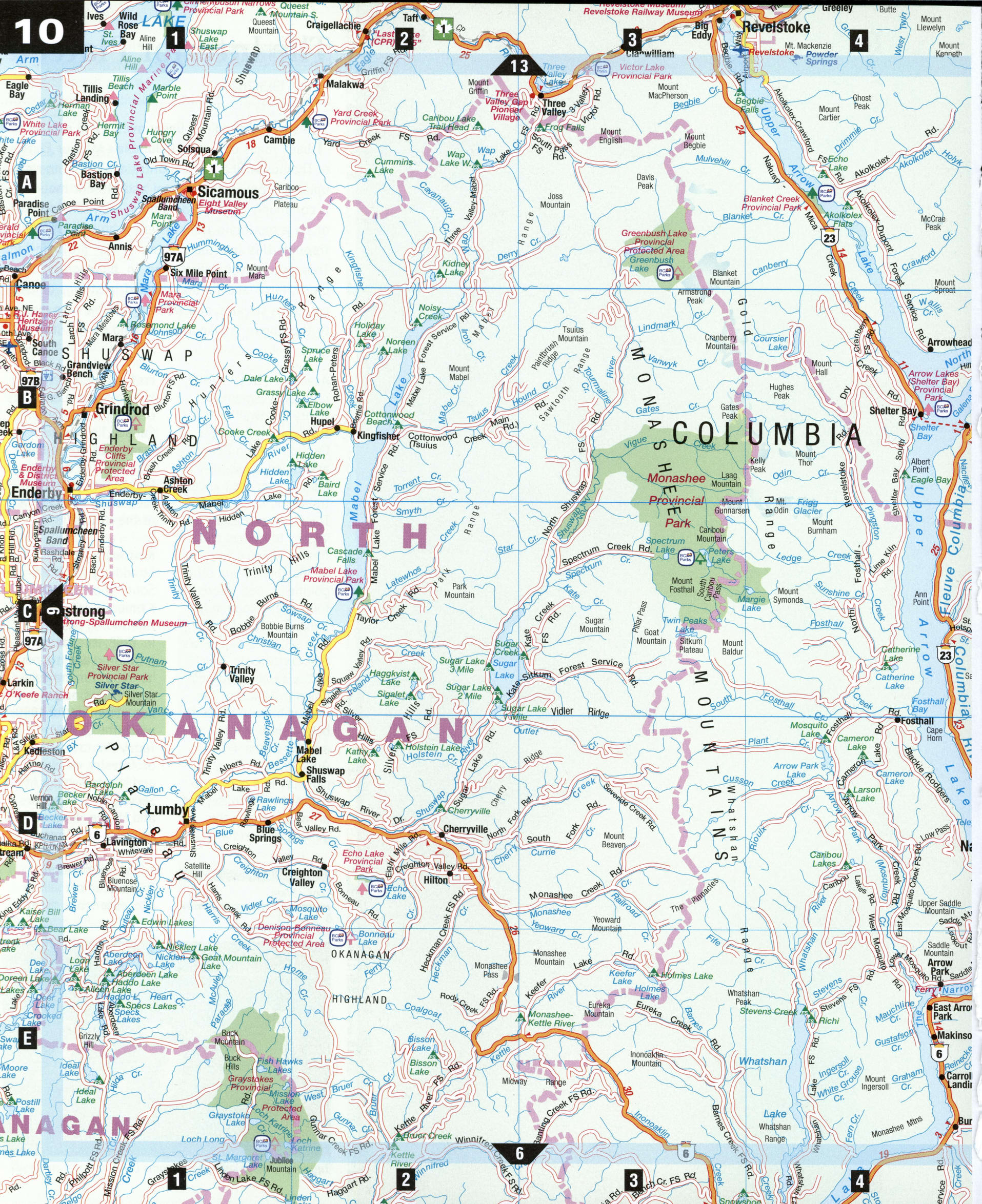 North Okanagan British Columbia. Detailed map of the surroundings of Sicamous with roads, villages, names of rivers and streams, mountains, and hills.