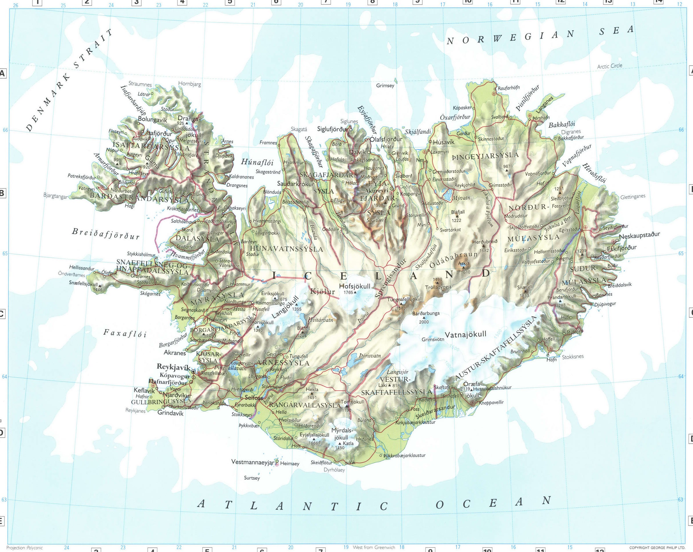 Map of Iceland with towns