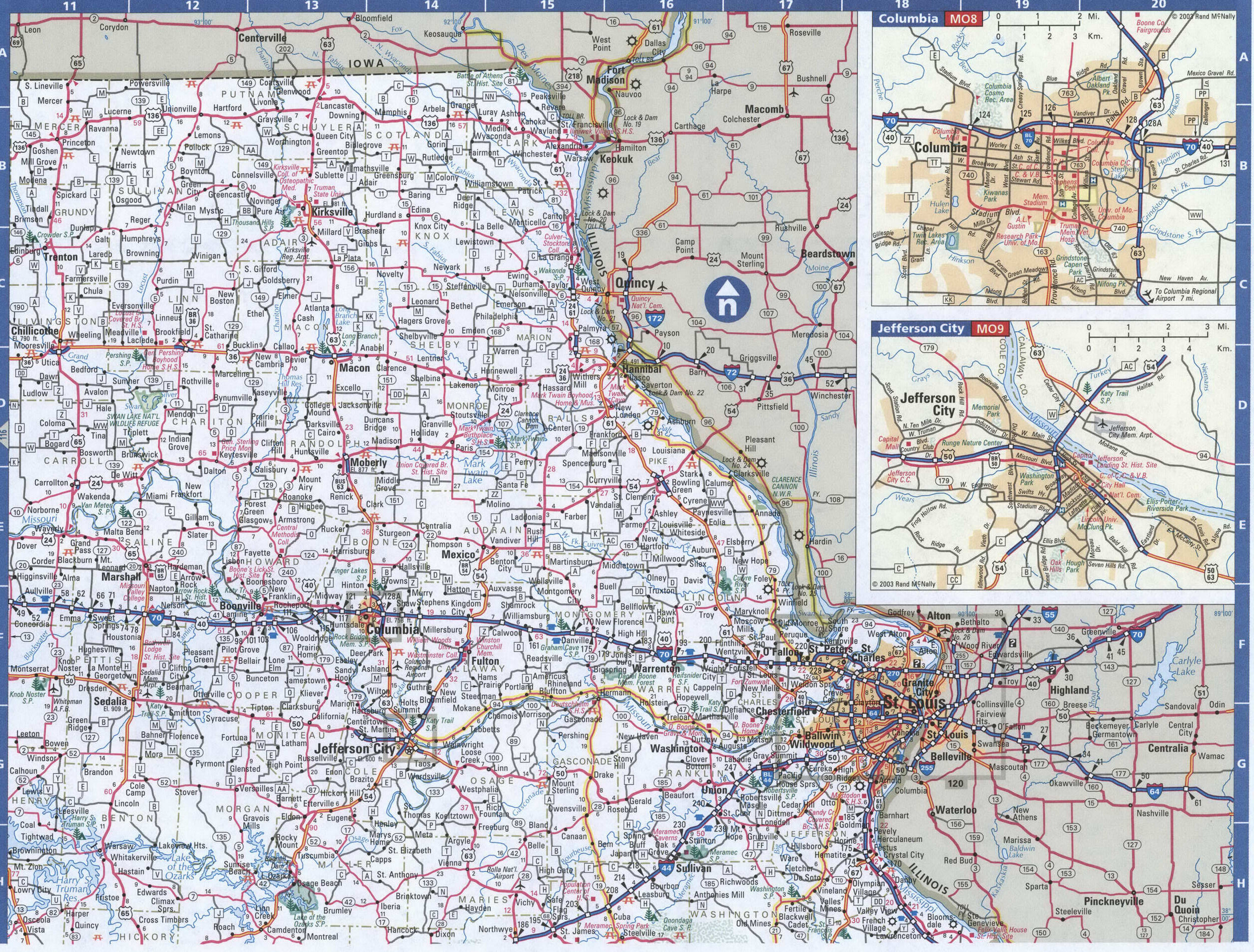 Missouri eastern map. Detailed map of all roads in East Missouri with distances between cities and towns.