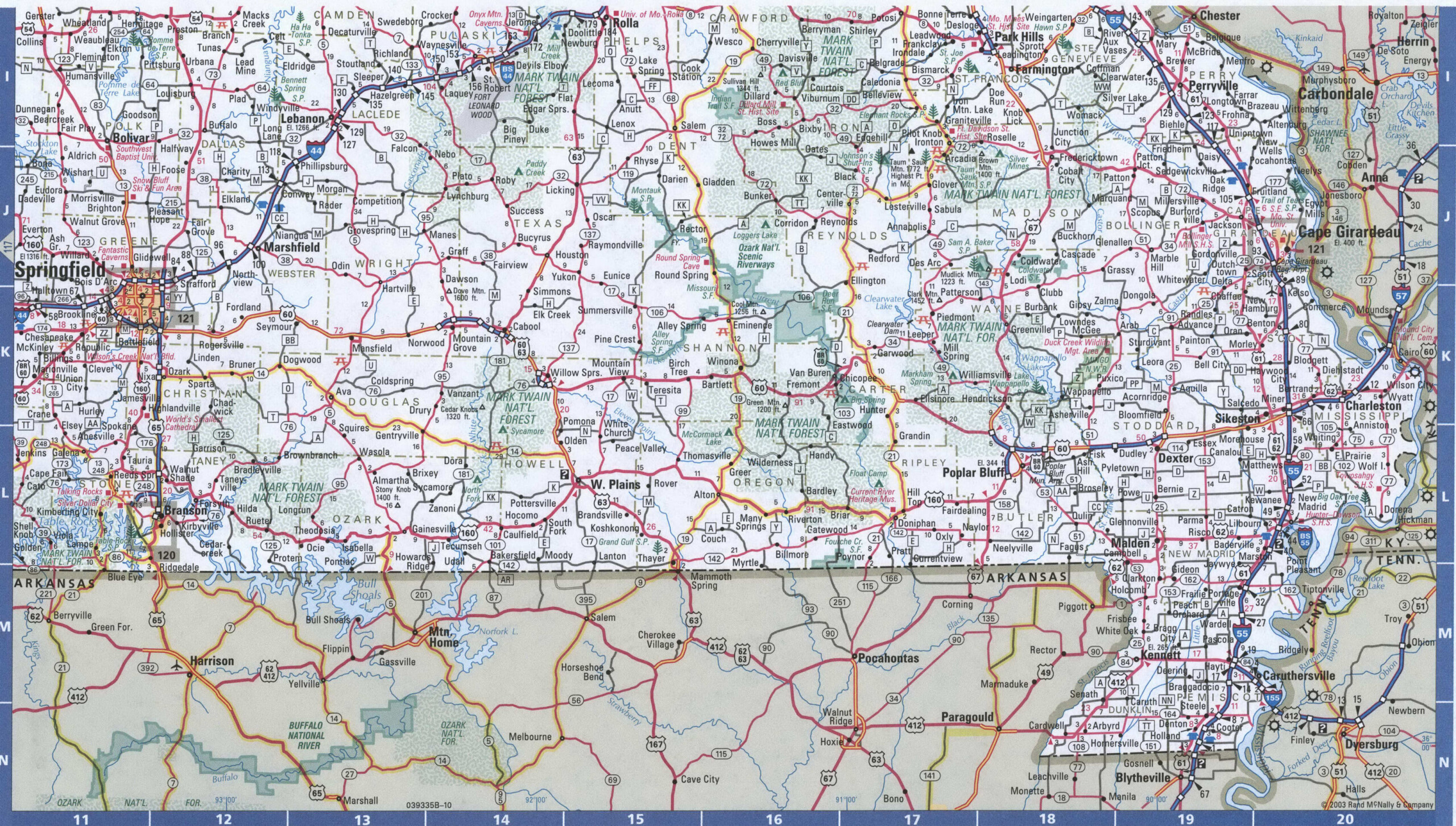 Missouri east map. Detailed map of all roads in Eastern Missouri with distances between cities and towns.