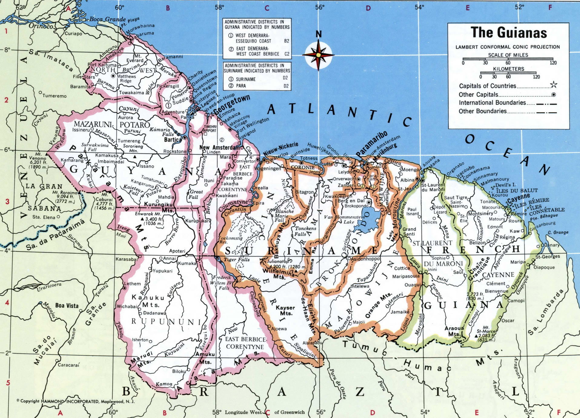 Suriname map. Detailed map of Suriname with cities, towns, borders, and names of regions