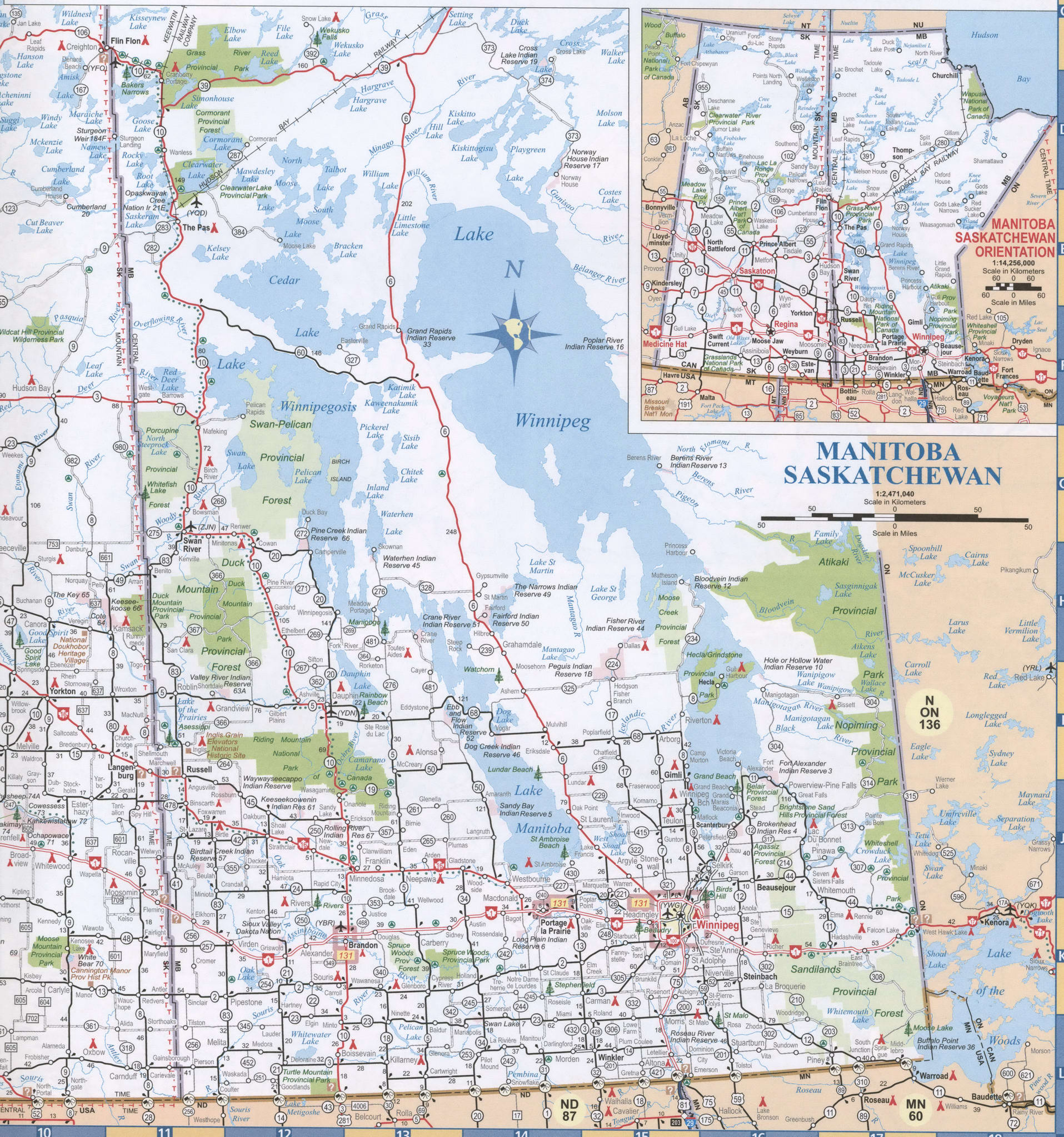 Saskatchewan and Manitoba map. Detailed map of Manitoba with cities, towns, and villages.