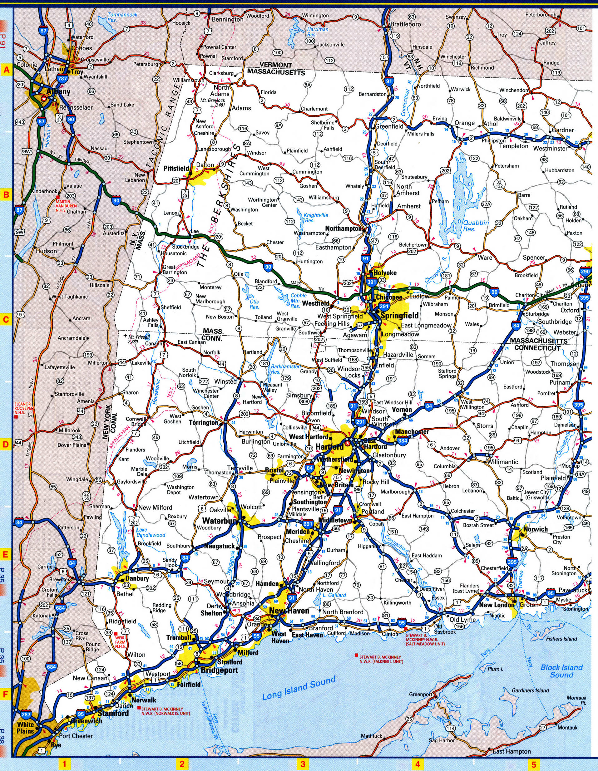 Massachusetts highway map. Detailed map of the Massachusetts highway with cities, villages, and rest areas. Massachusetts highway map. Detailed map of the Massachusetts highway with cities, villages, and rest areas.