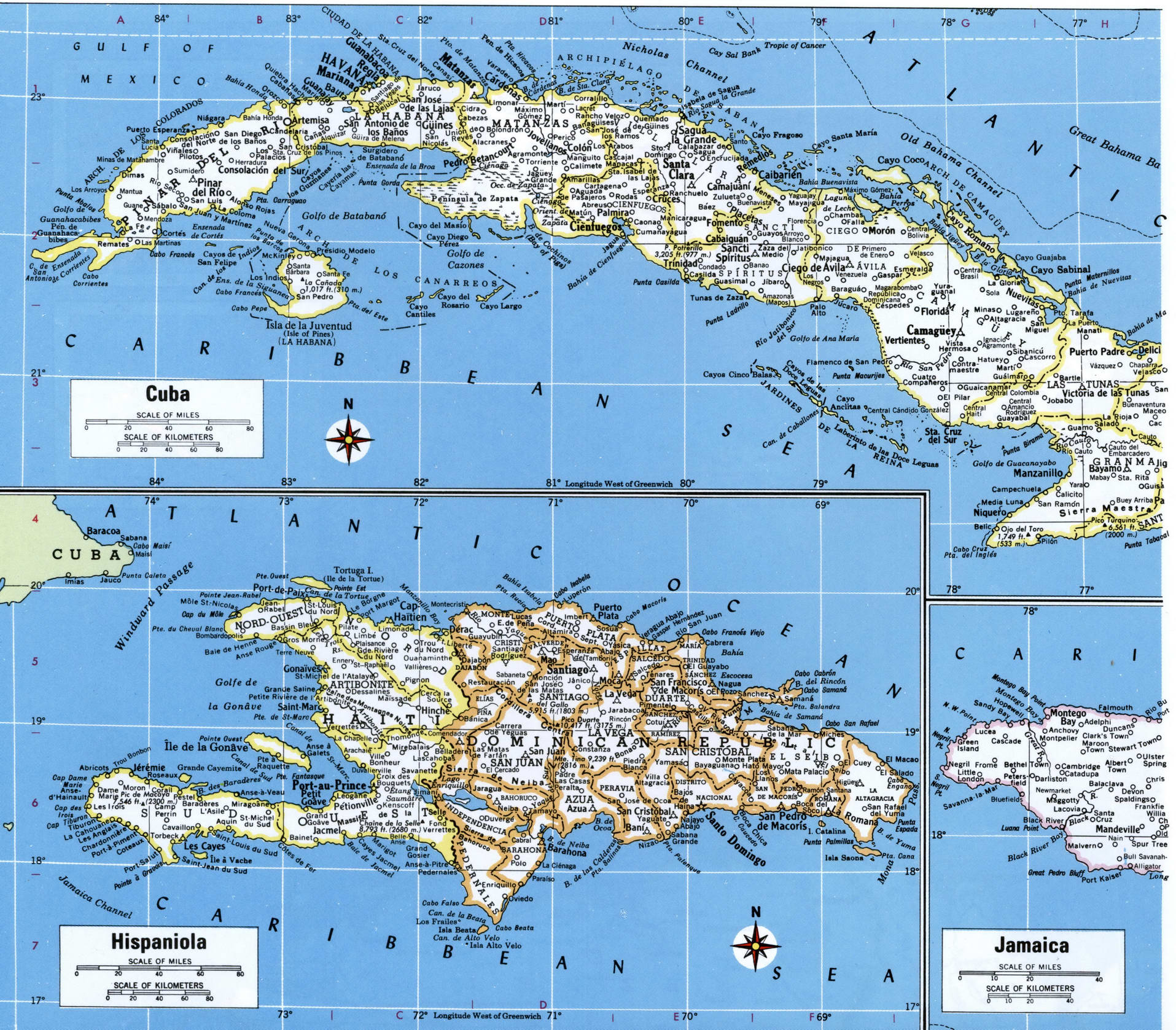 West Indies map. Map of Caribbean Islands: Cuba, Hispaniola, Jamaica, Puerto Rico