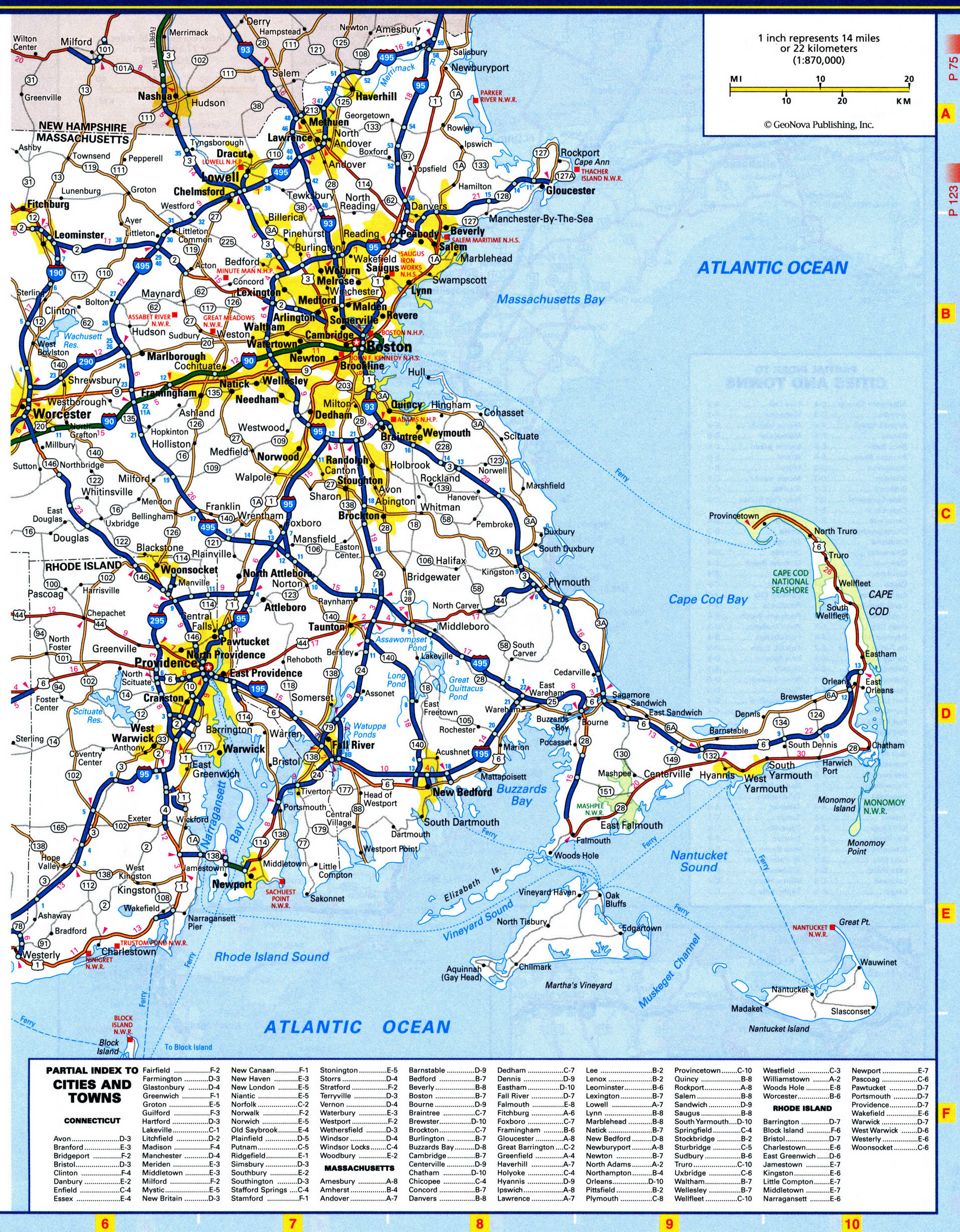 Connecticut eastern highway map. Detailed map of the Connecticut highway with cities, villages, and rest areas.