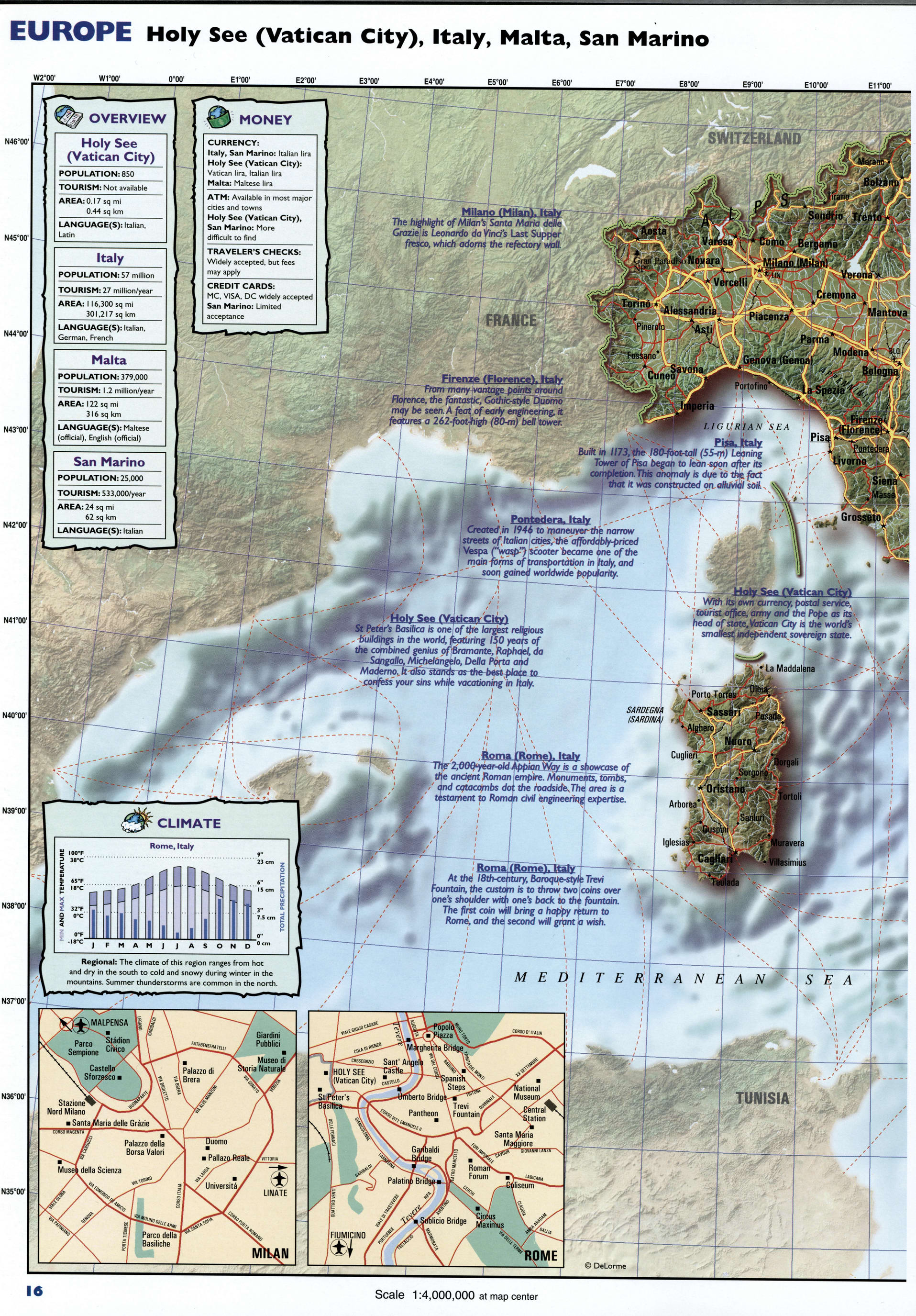 Map Italy. Detailed physical map of Italy with cities, roads, and villages.