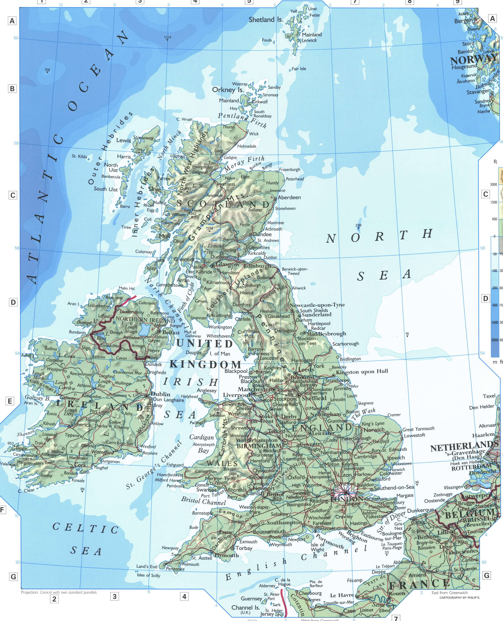 Britain Isles map. Detailed phisical map of Britain Isles