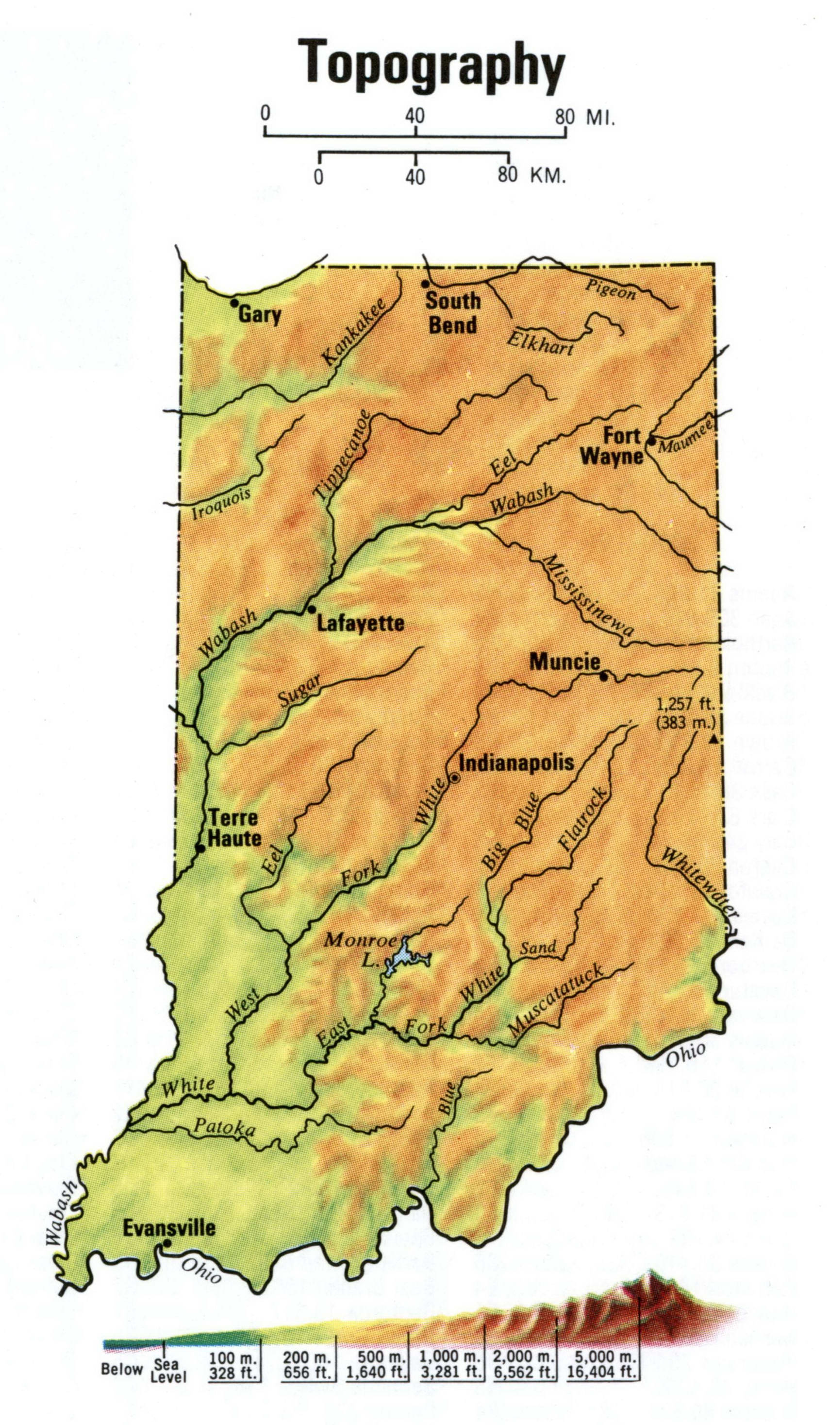 Topographical map of Indiana