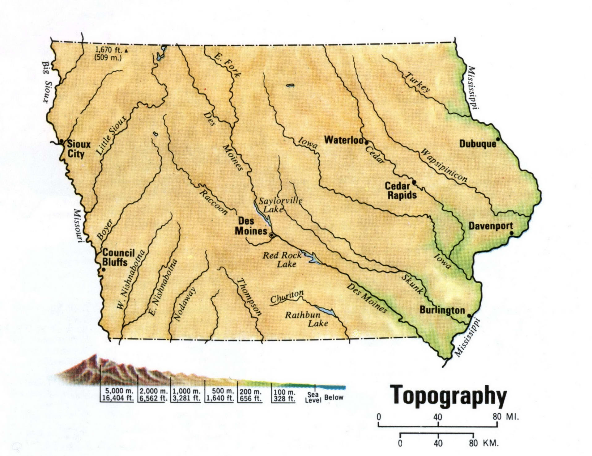 Topographical map of Iowa