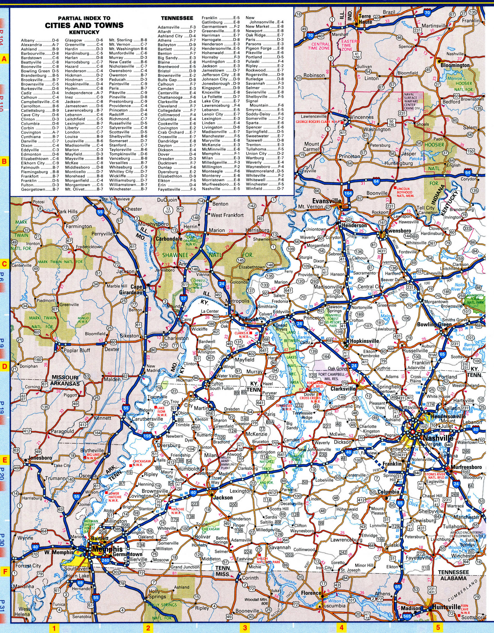 Tennessee highway map. Detailed map of the Tennessee highway with cities, villages, and rest areas.