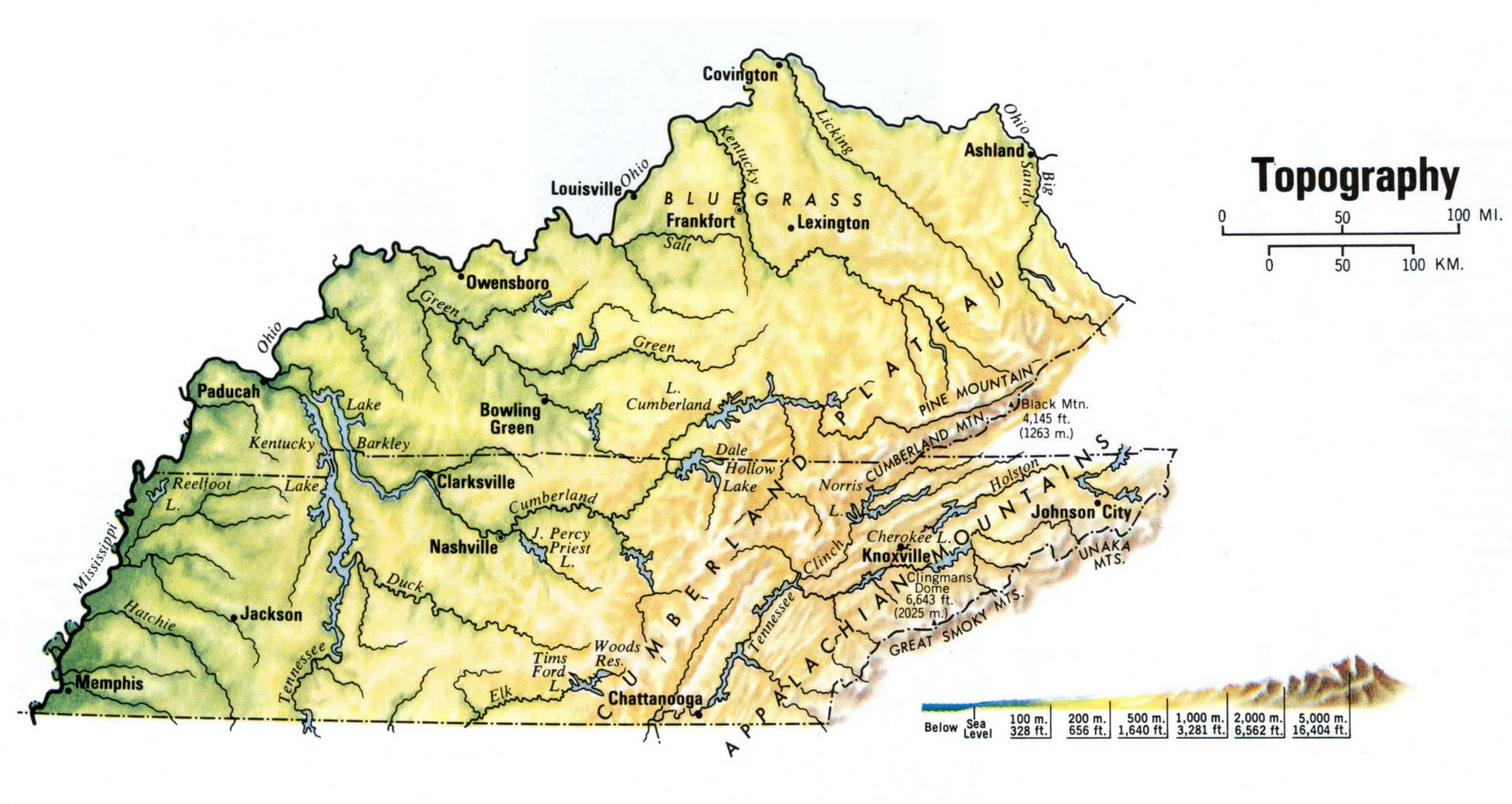 Topography map of Tennessee