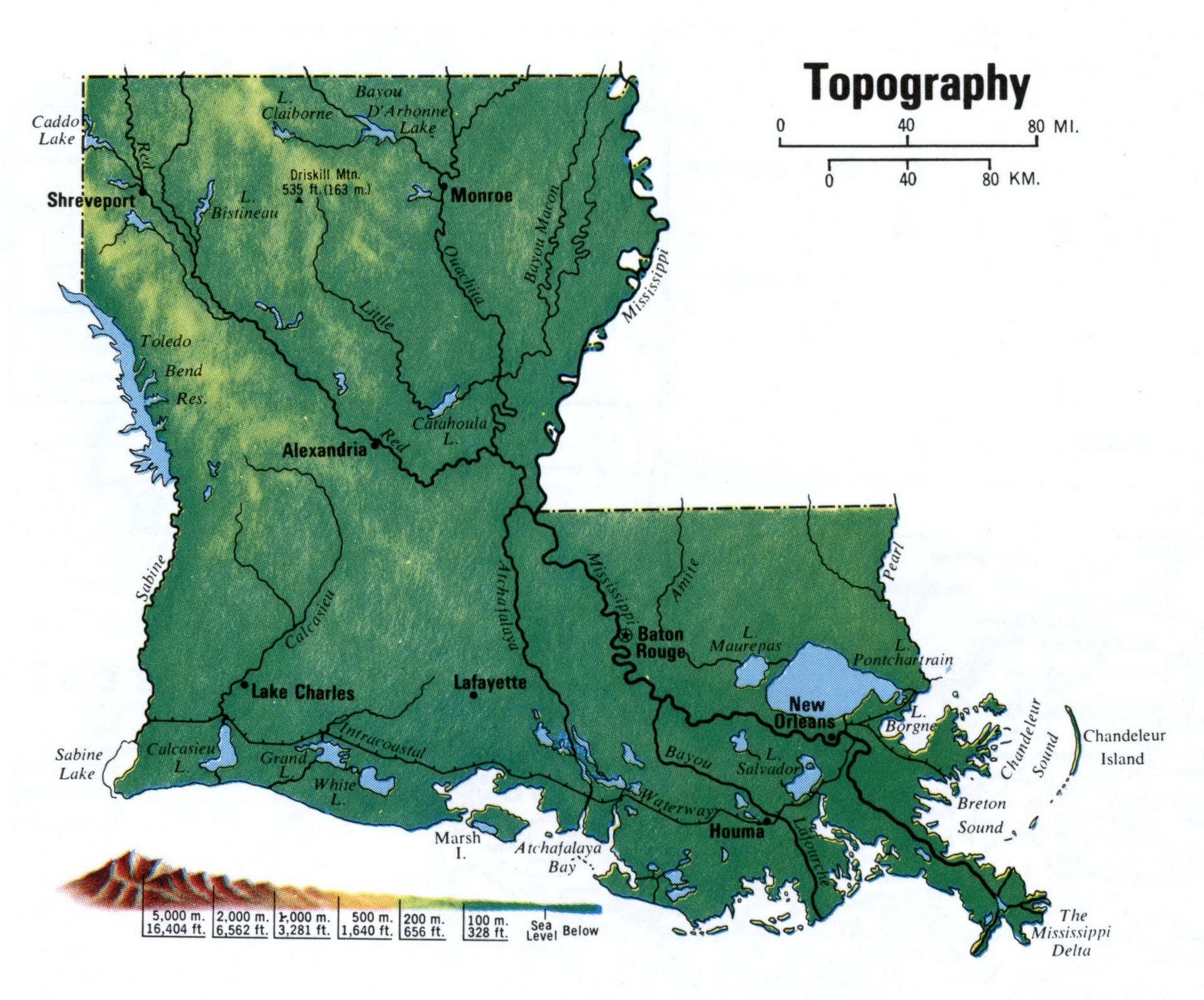 Topography map of Louisiana