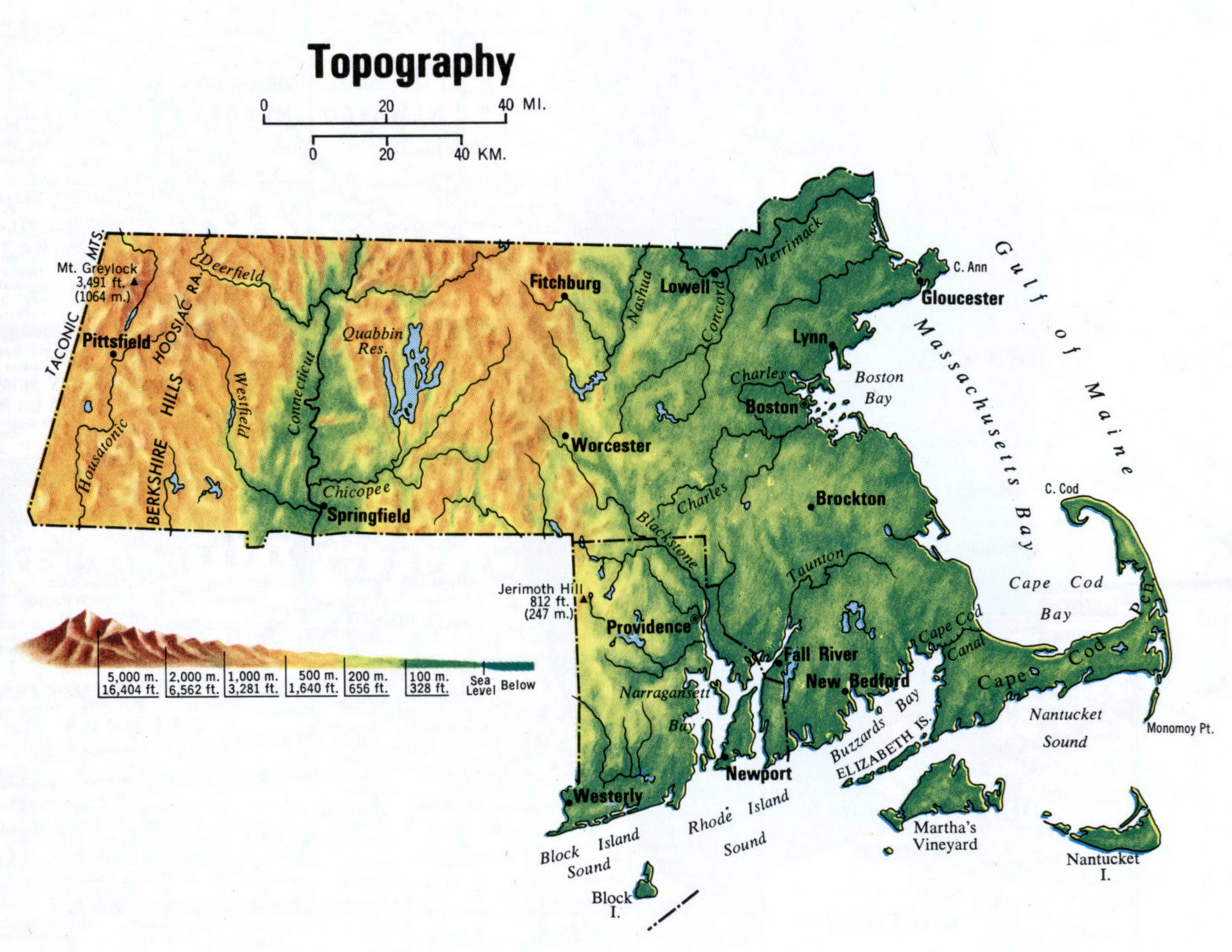 Rhode Island topo map. Topographical map of Rhode Island with terrain features.
