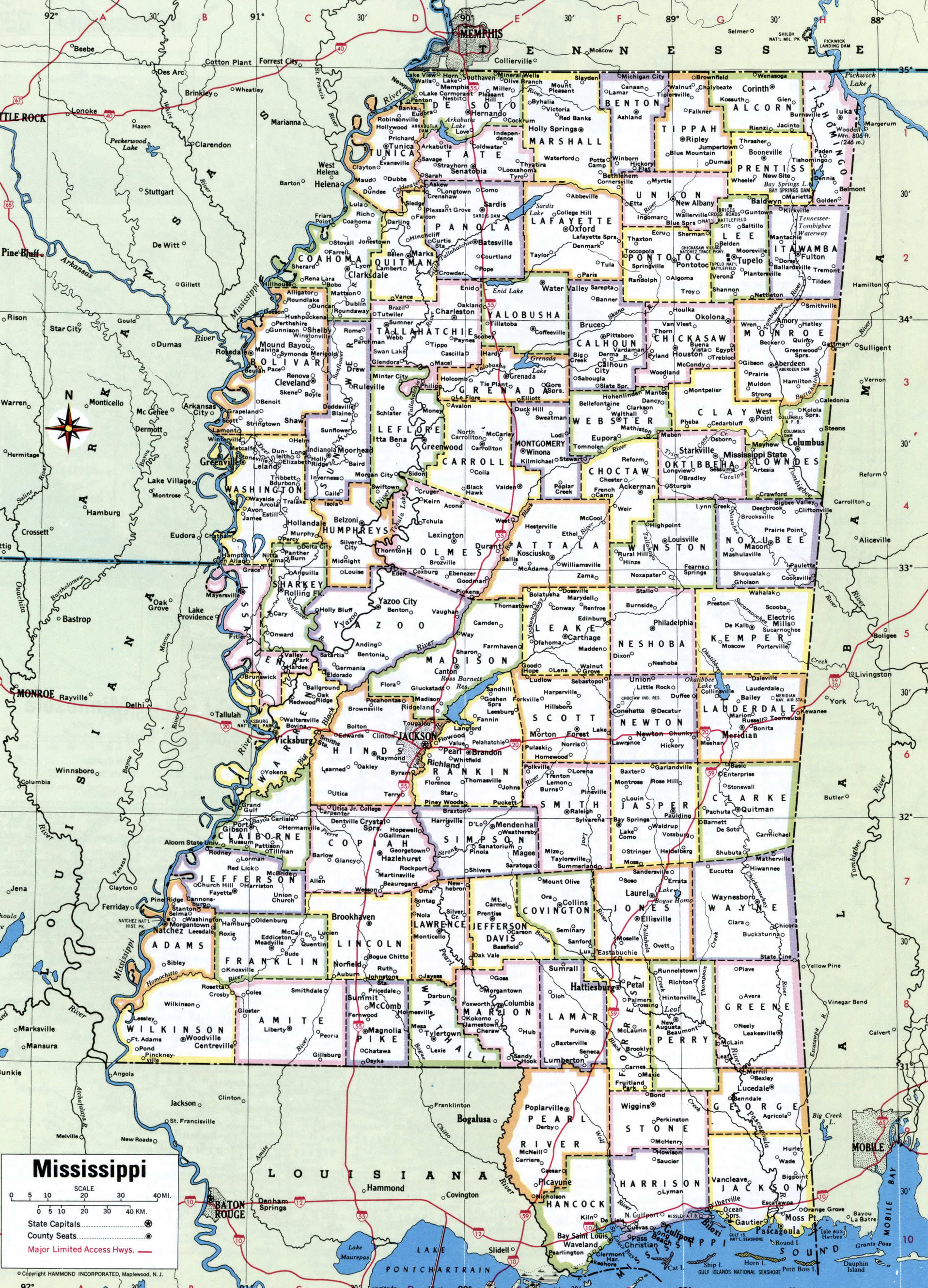 Mississippi counties map.Free printable map of Mississippi counties and ...
