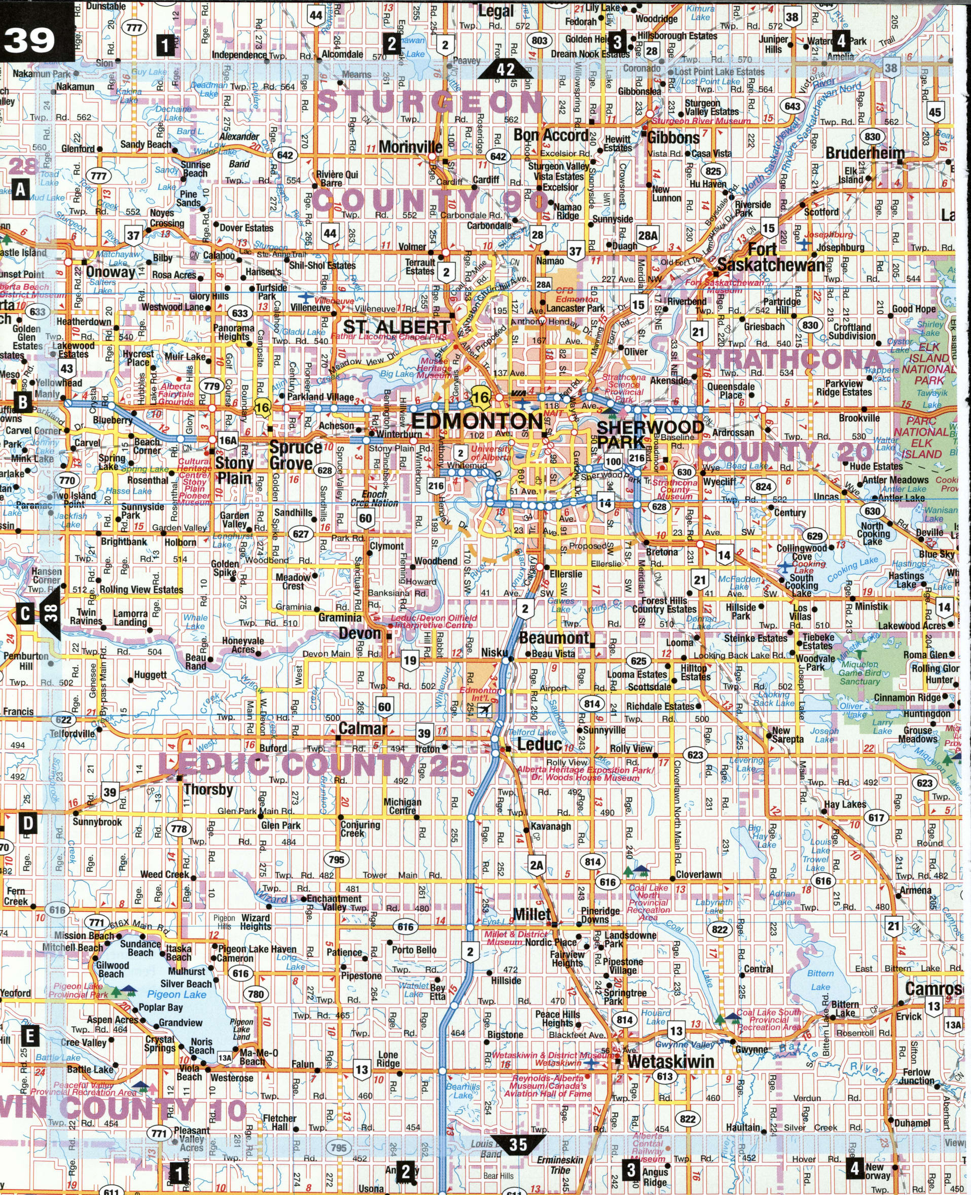 Edmonton area map. Detailed map of Edmonton with streets, roads, and highways