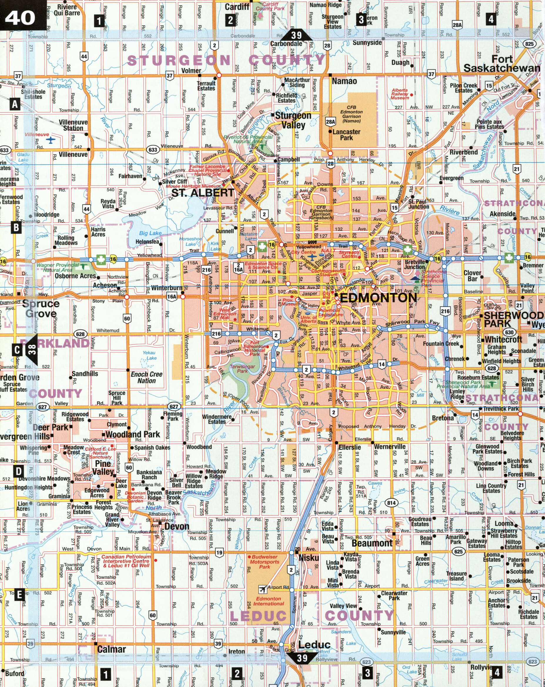 Edmonton AB suburbs map. Detailed map of the Edmonton area with roads and highways