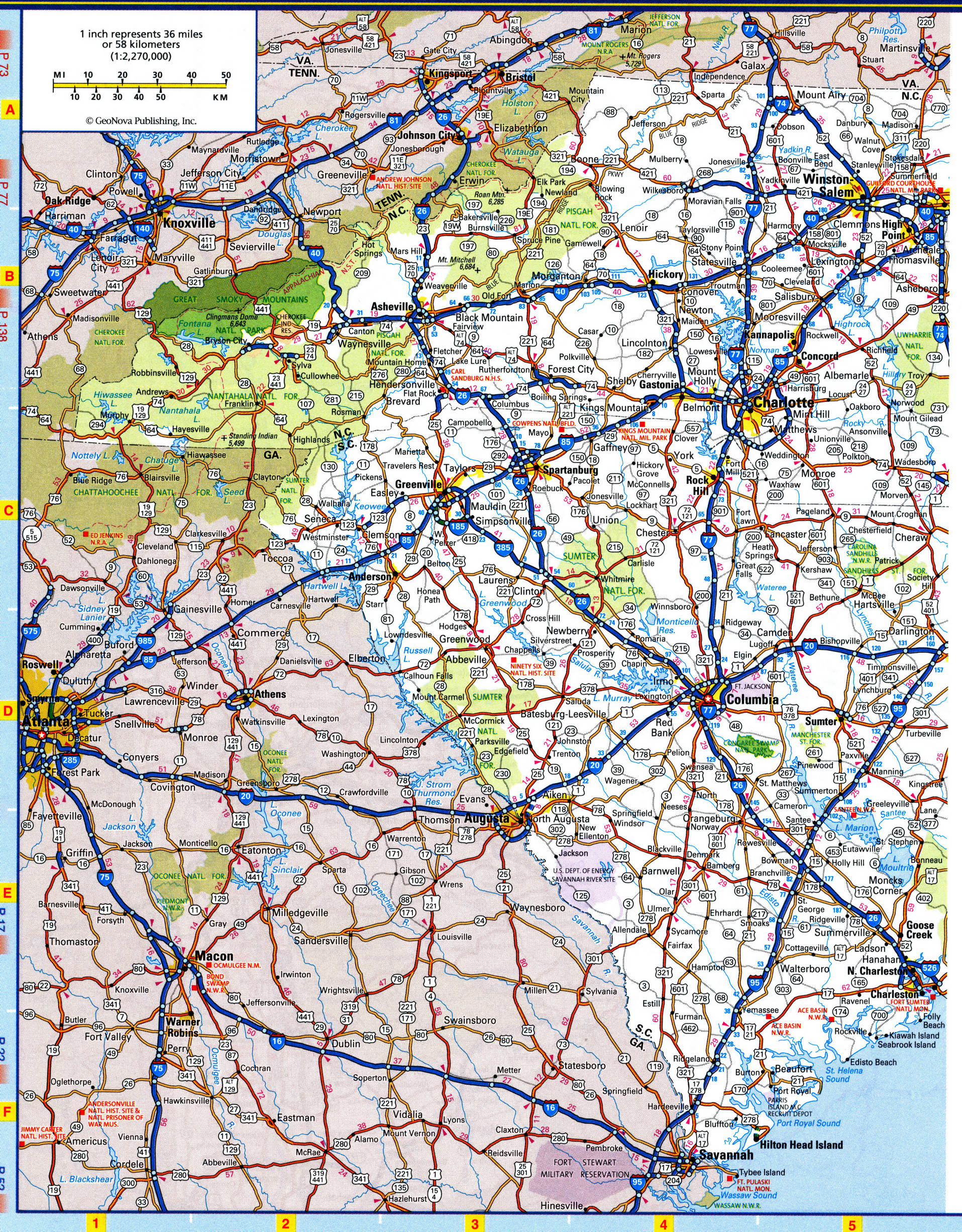 South Carolina highways map. Detailed map of the South Carolina highway with cities, villages, and rest areas.