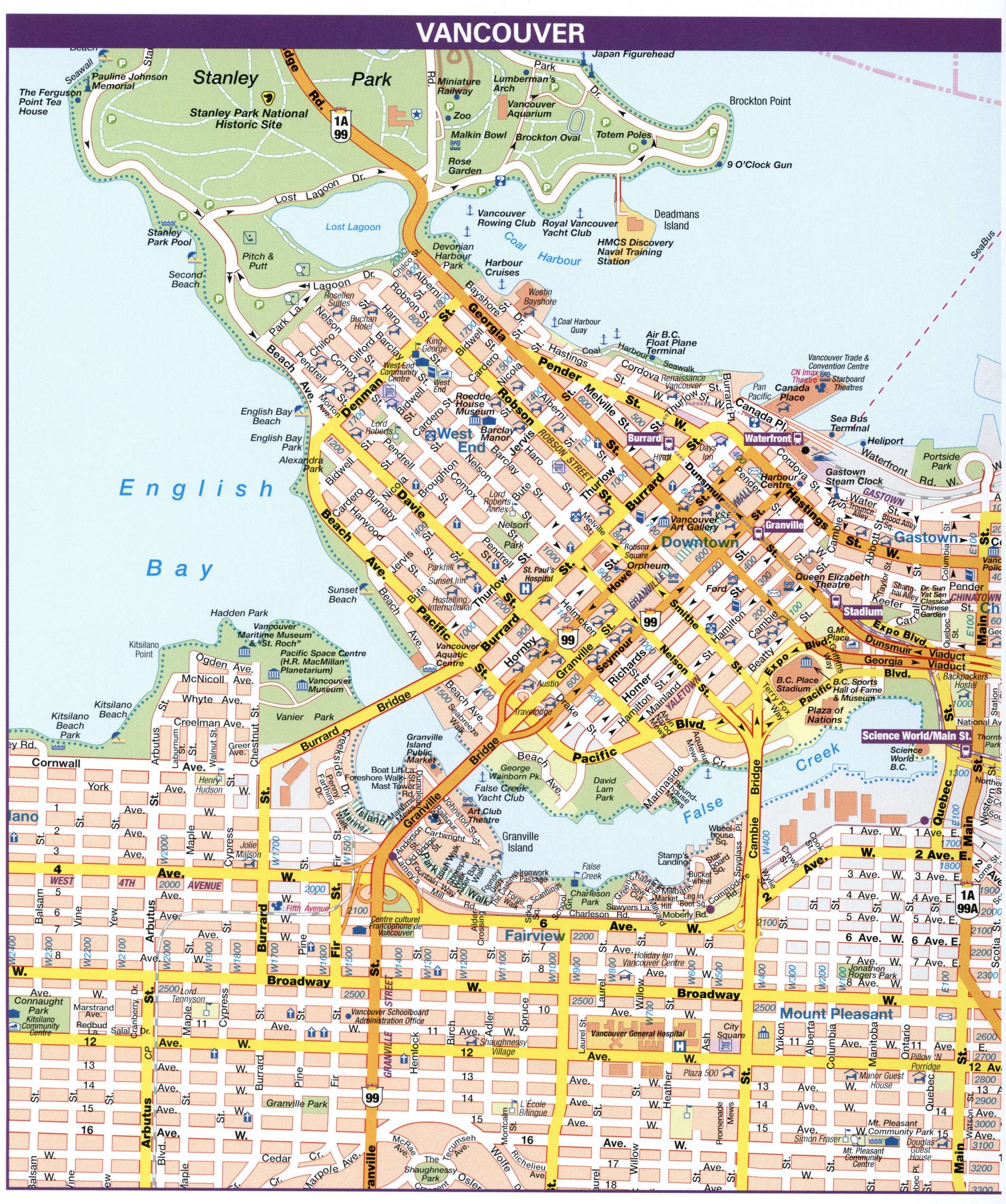 Detailed streets map Vancouver city